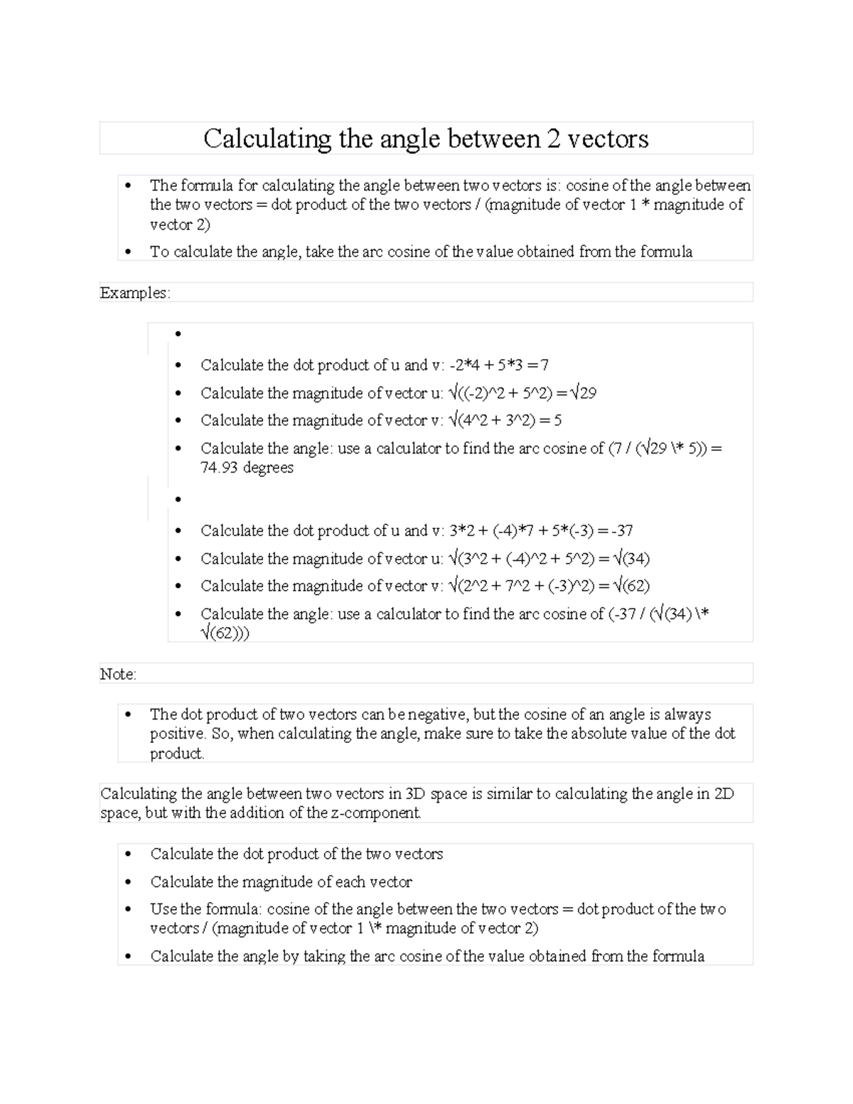 Calculating the angle between 2 vectors - Calculating the angle between ...