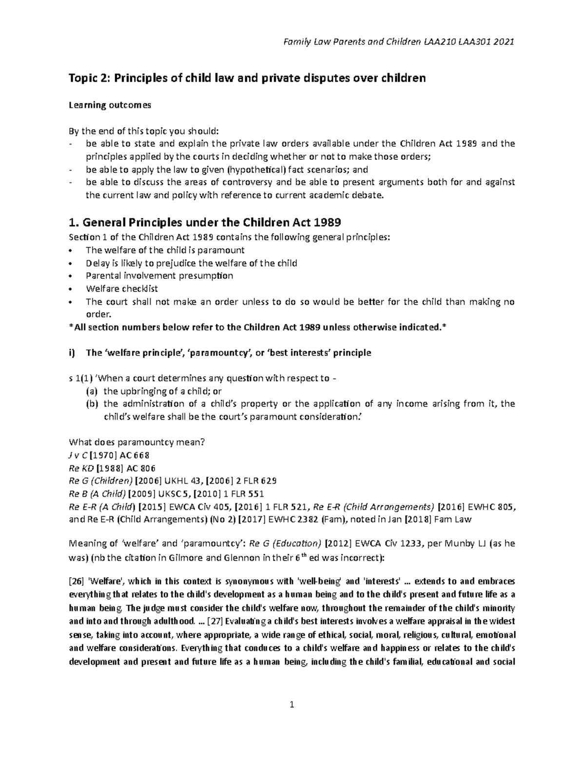 Topic 2 handout 2021 Topic 2 Principles of child law and private