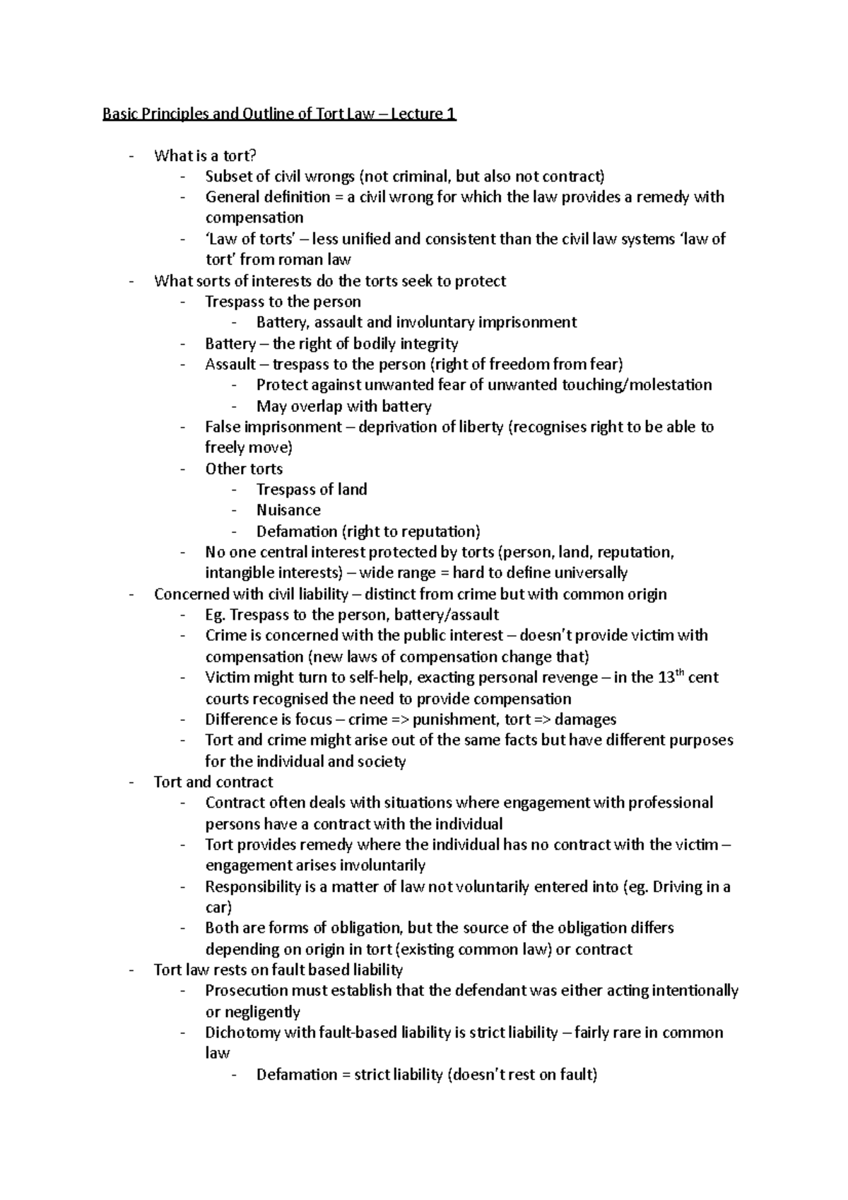 Torts Lecture and Tutorial Notes - Basic Principles and Outline of Tort ...