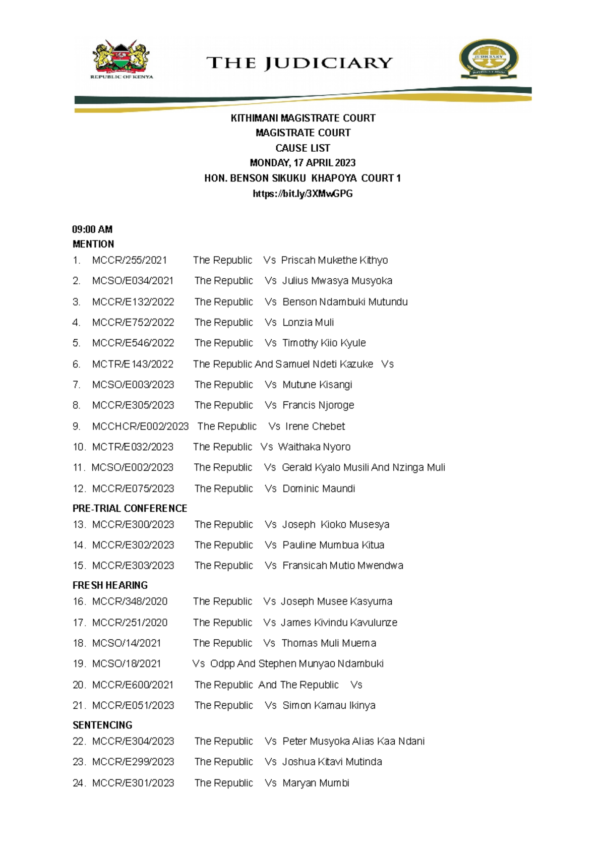 Kithimani LAW Courts Causelist 17TH-20TH April 2023 - KITHIMANI ...