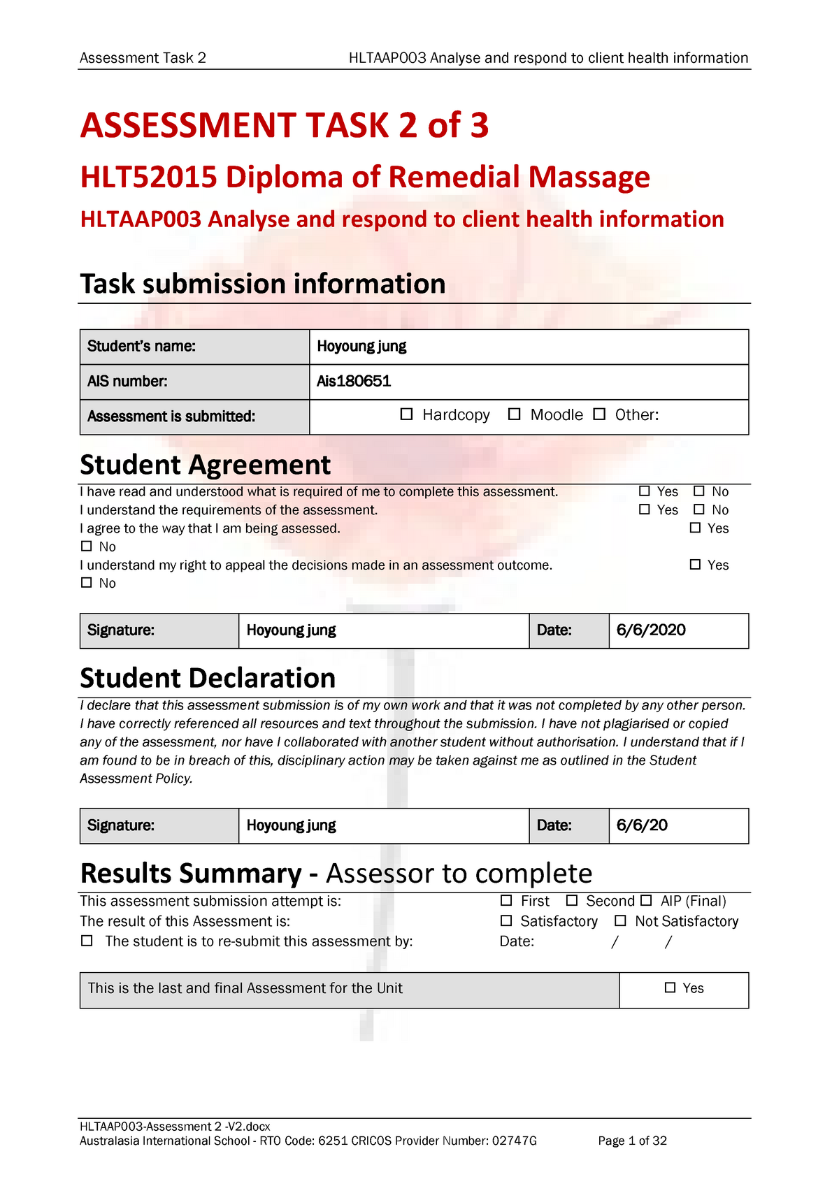 Hltaap 003 Assessment 2 V2 Hltaap003 Assessment 2 V2 Assessment Task 2 Of 3 Hlt52015 Diploma