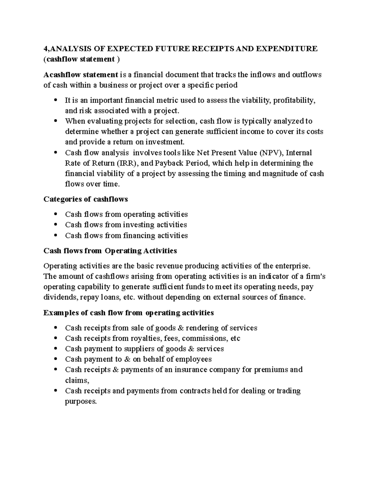 Cashflow Statement - 4,ANALYSIS OF EXPECTED FUTURE RECEIPTS AND ...