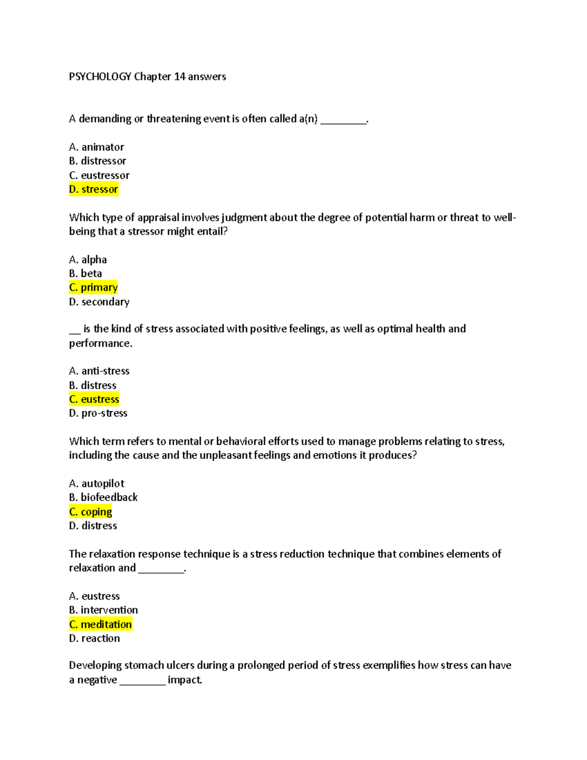 Psychology Chapter 14 Answers - PSYCHOLOGY Chapter 14 Answers A ...