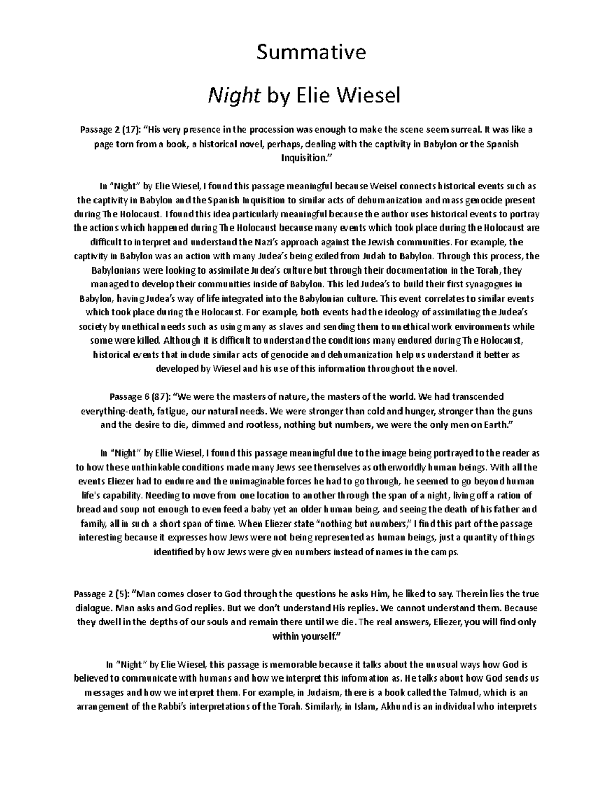 night by elie wiesel summary essay