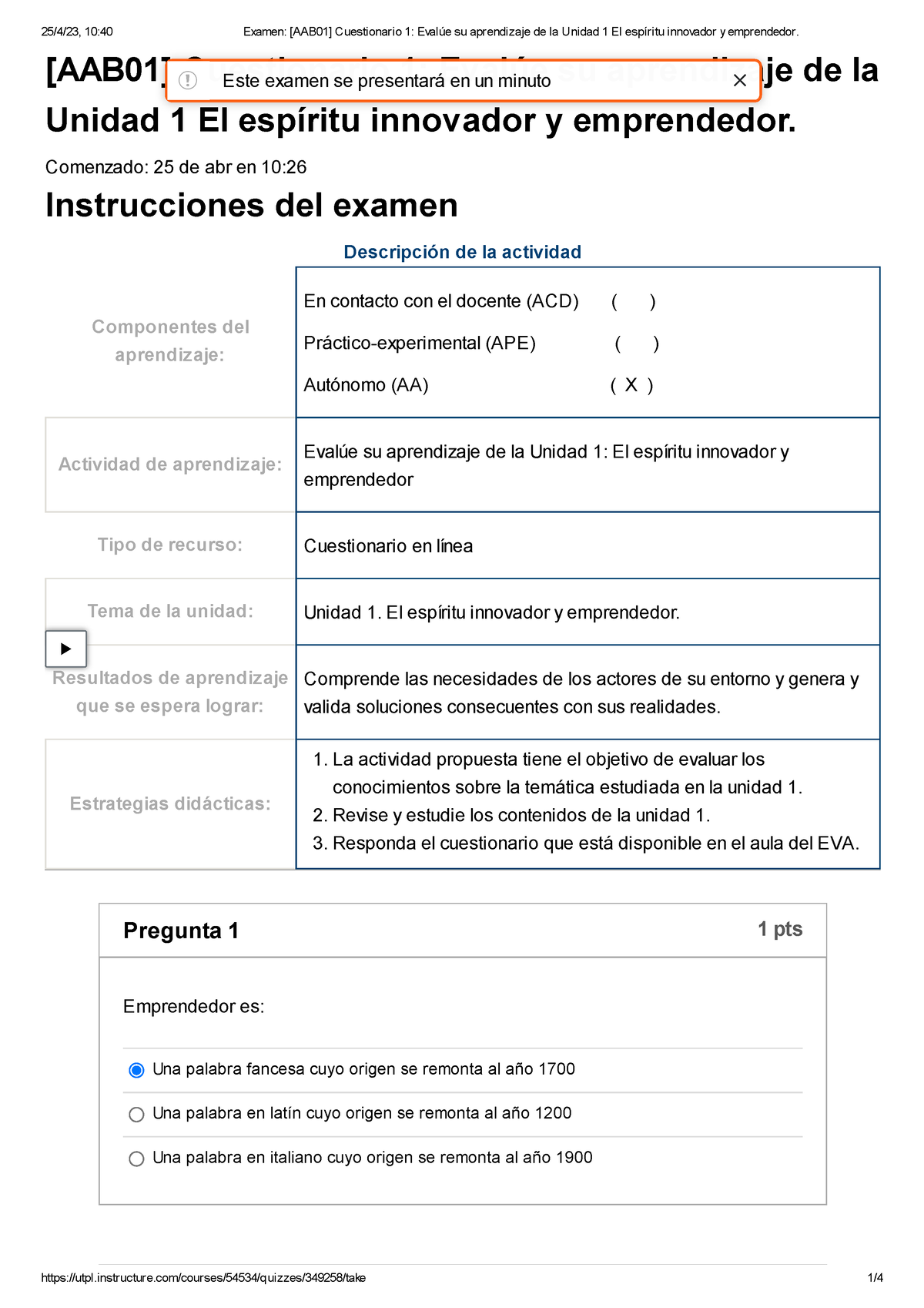 Examen [AAB01] Cuestionario 1 Evalúe Su Aprendizaje De La Unidad 1 El ...