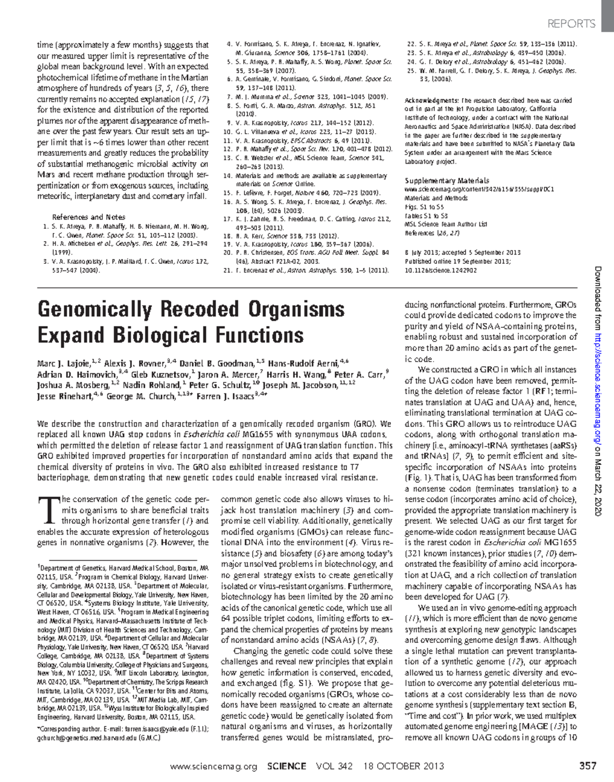 Genomically recoded organisms Church and Isaacs - time (approximately a ...