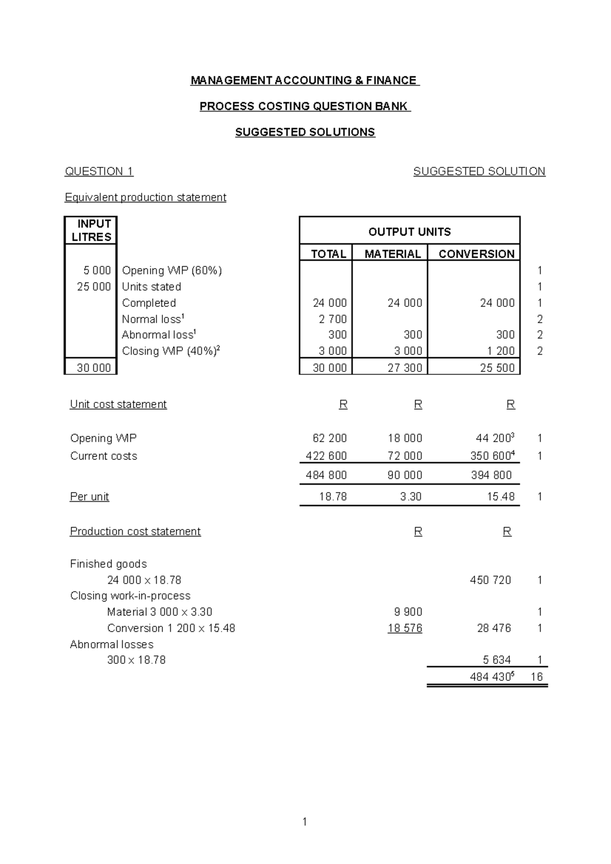 5 Process Costing Question Bank Solution Management Accounting