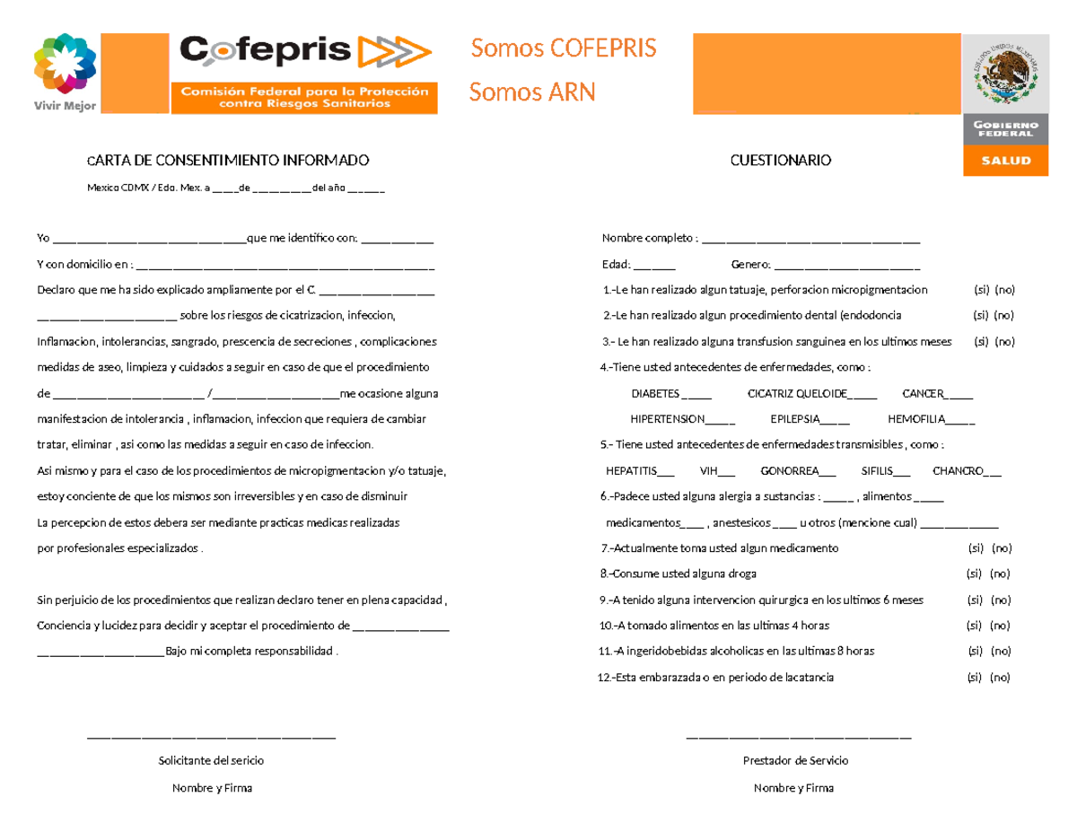 Carta De Consentimiento Informado Cofepris Pdf