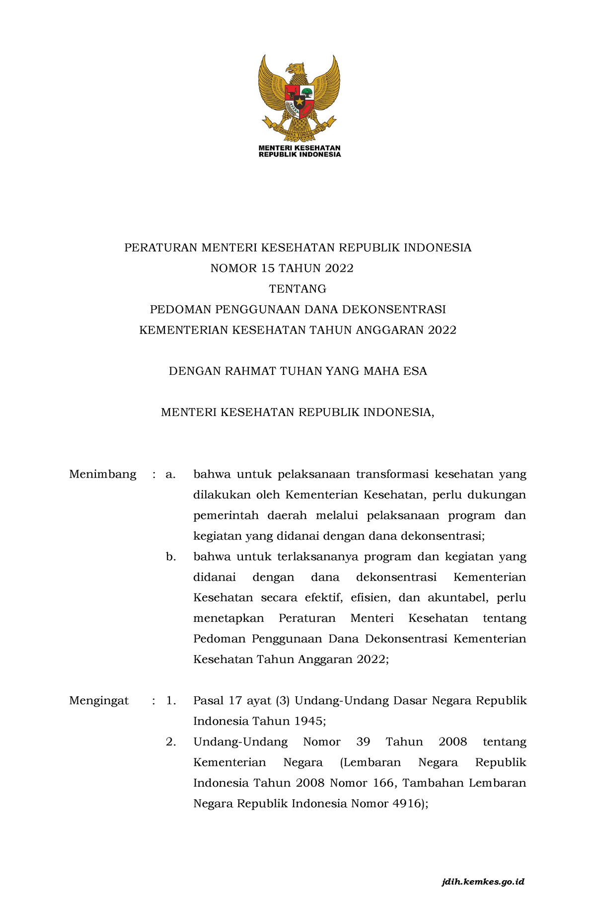 Permenkes Nomor 15 Tahun 2022 - PERATURAN MENTERI KESEHATAN REPUBLIK ...