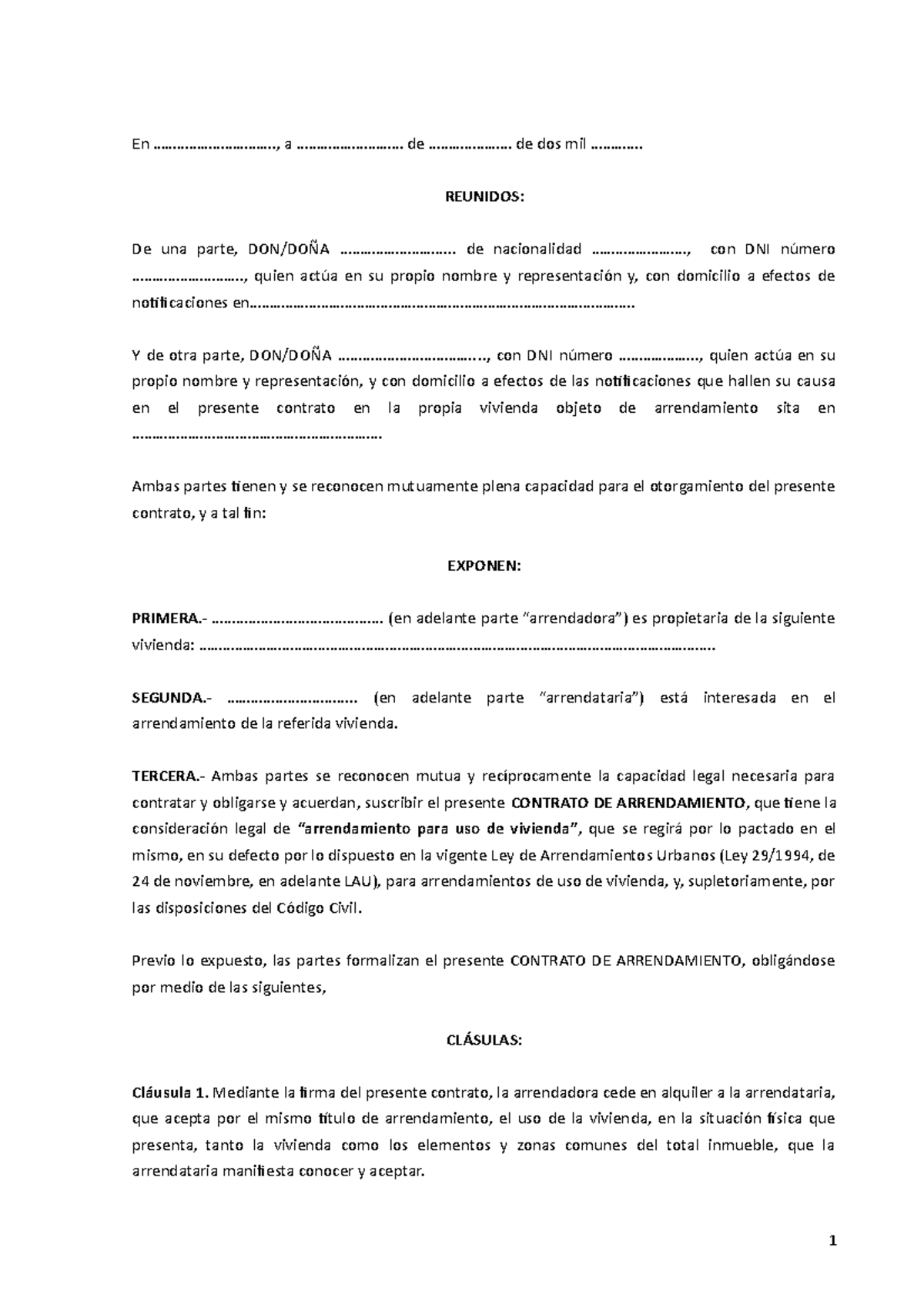 Modelo Contrato DE Alquiler DE Vivienda - En  ..............................., a - Studocu