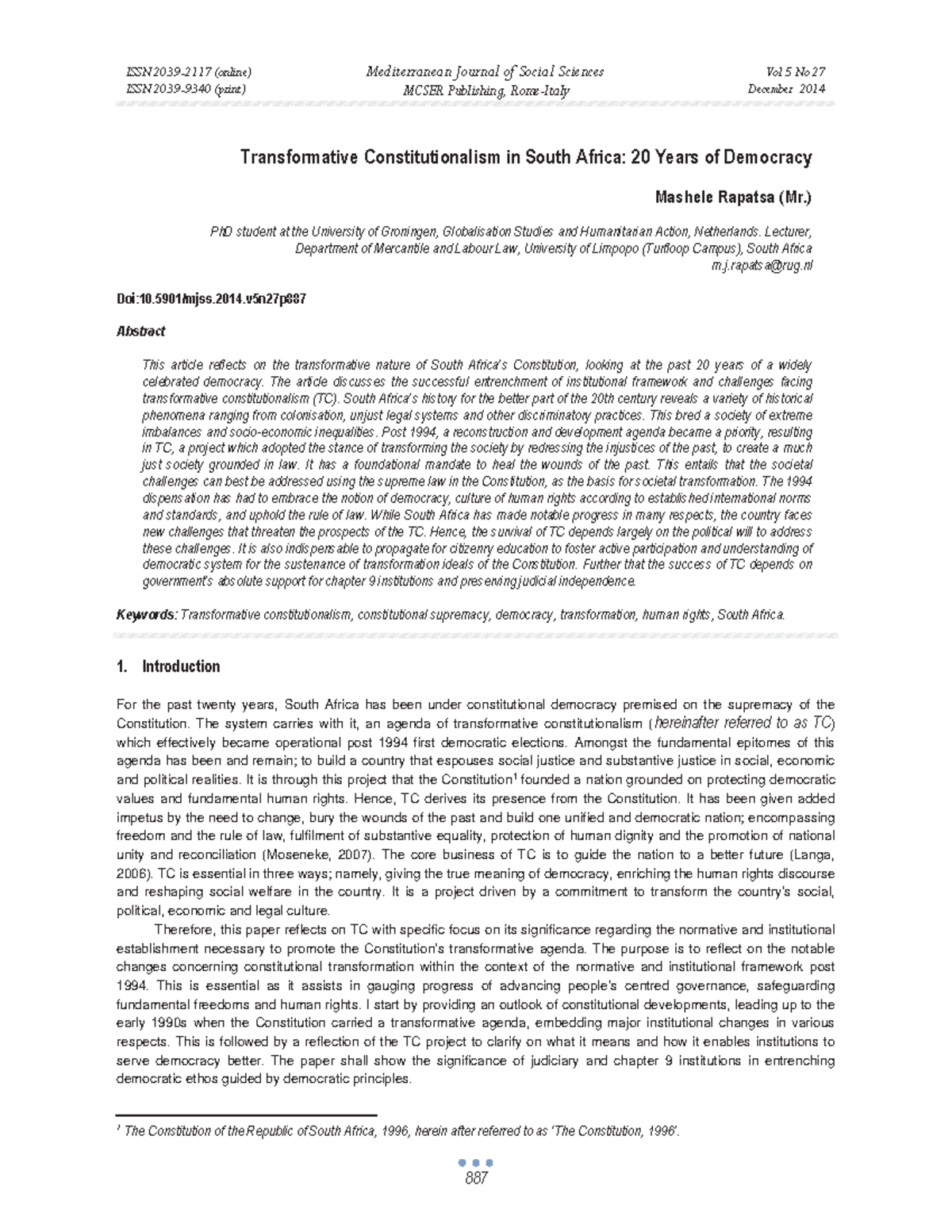 IRM 1501 Transformative Constitutionalism in South Africa 20 Years of 