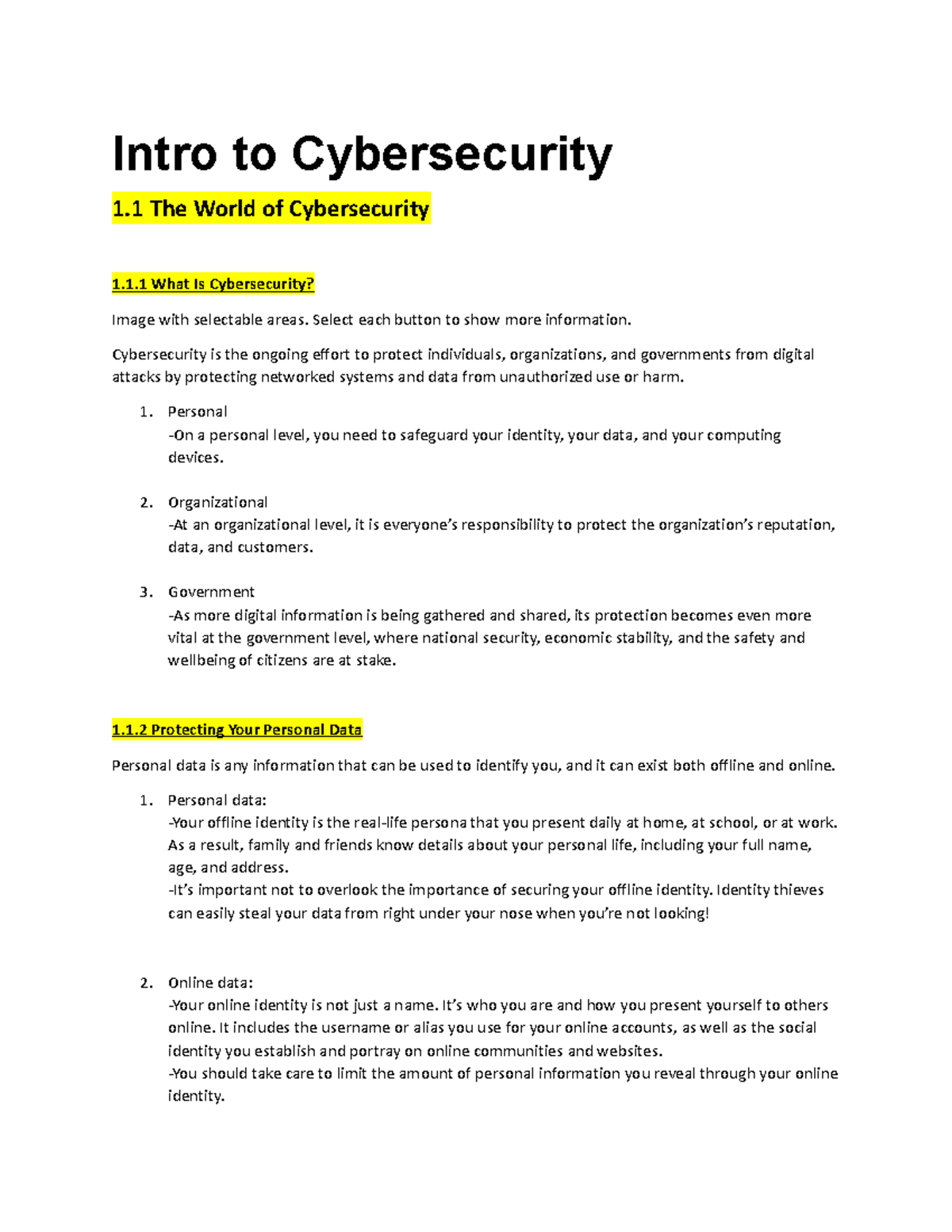 Intro to Cybersecurity - 1 What Is Cybersecurity? Image with selectable ...