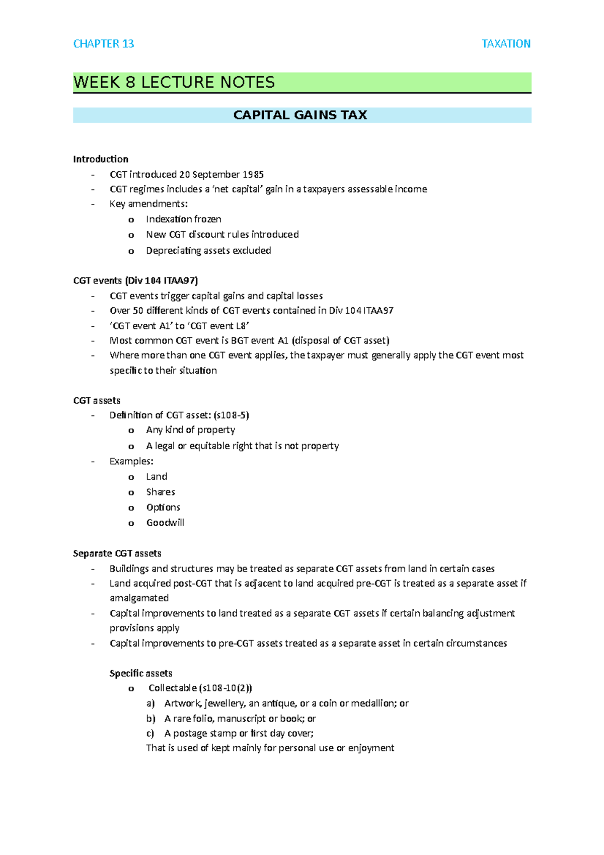Week 8 - Notes - WEEK 8 LECTURE NOTES CAPITAL GAINS TAX Introduction ...