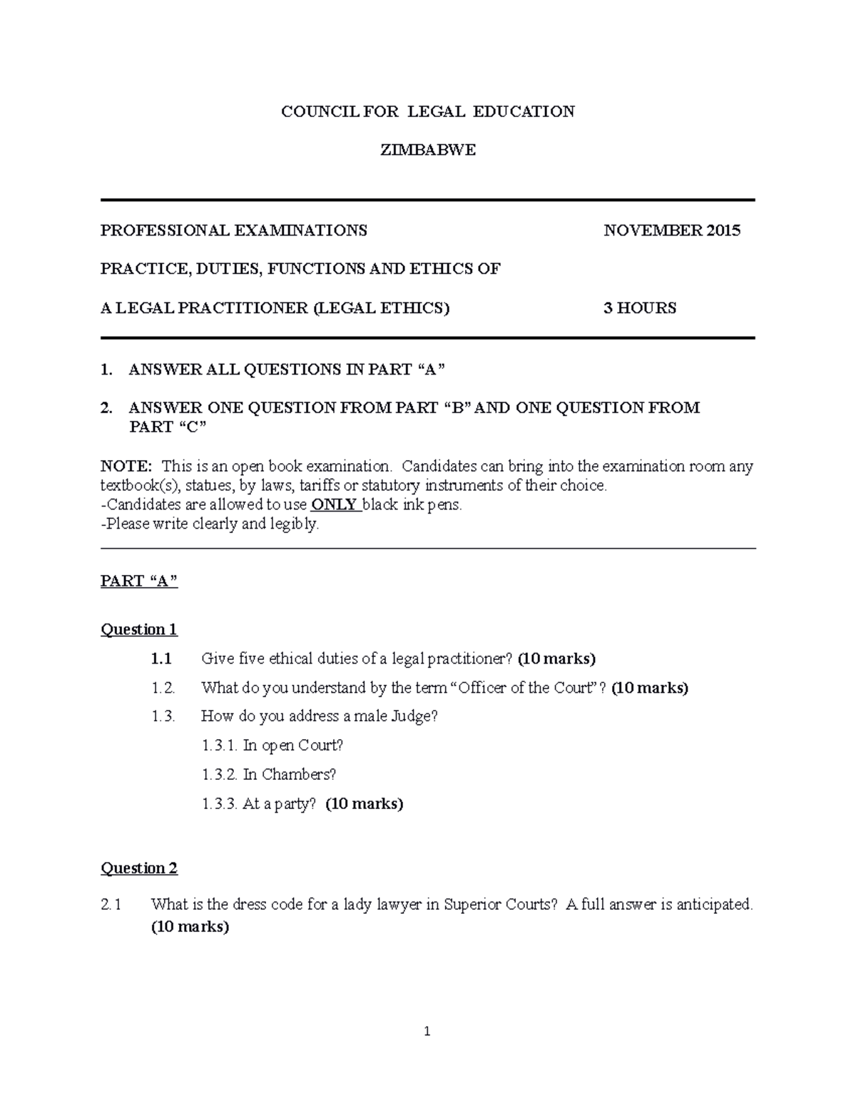 Ethics Nov 2015 COUNCIL FOR LEGAL EDUCATION ZIMBABWE PROFESSIONAL