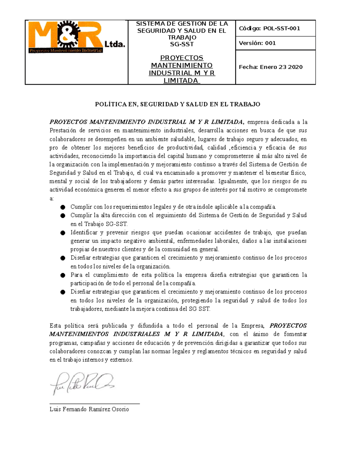 Politica DE SST - SISTEMA DE GESTIÓN DE LA SEGURIDAD Y SALUD EN EL ...
