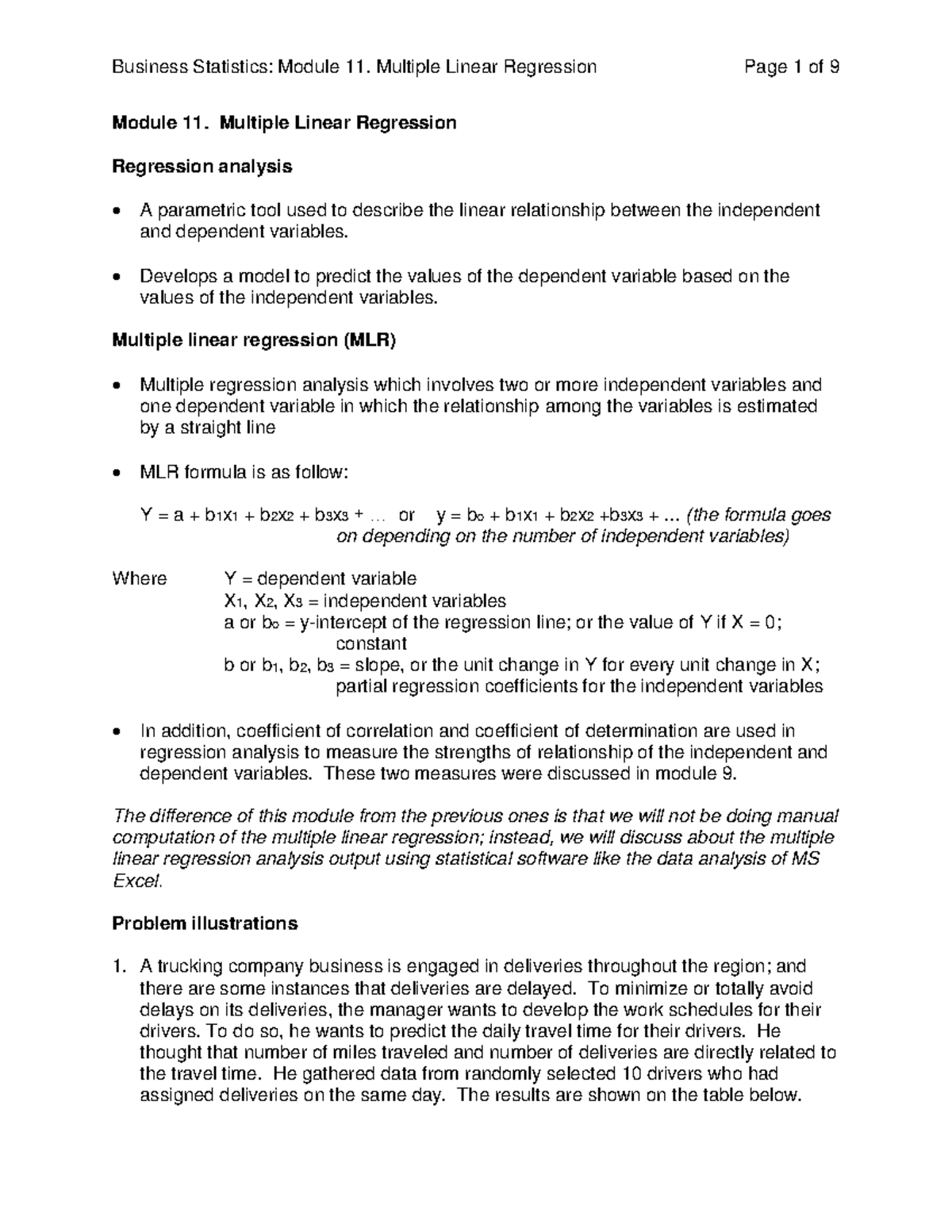 Statistics Module 11 Module 11. Multiple Linear Regression Regression