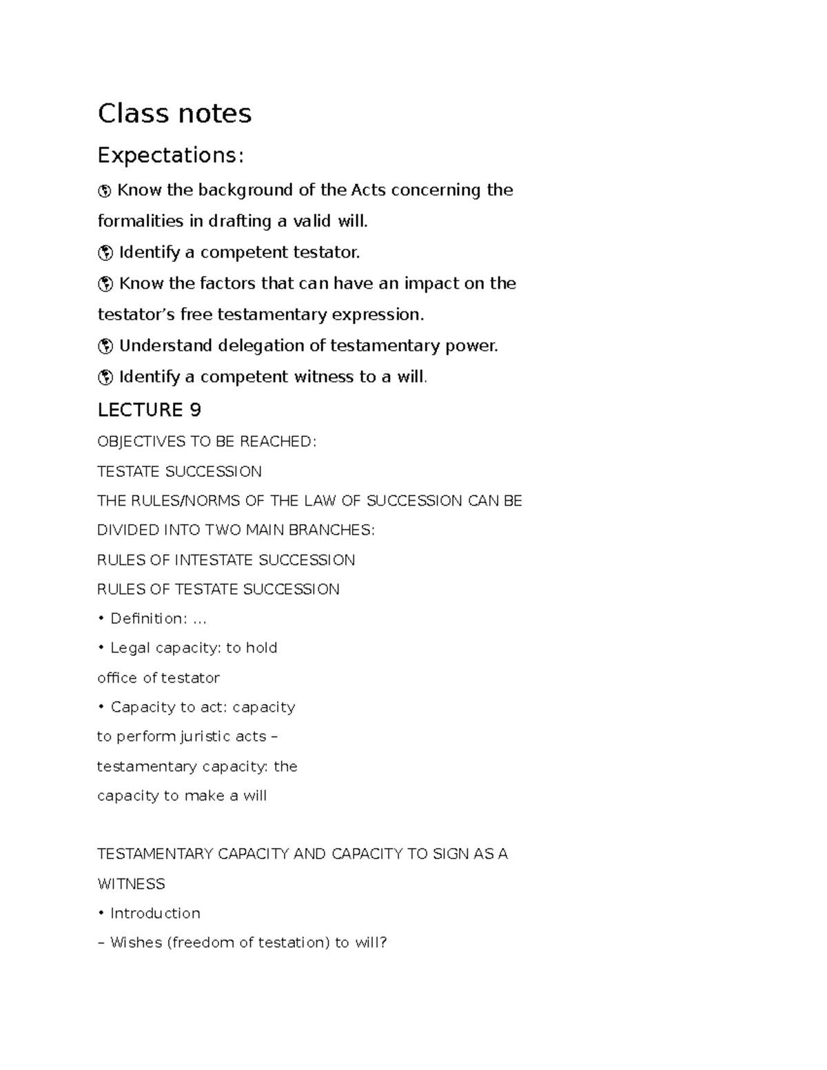 testate succession/testamentary power and expression - Class notes ...