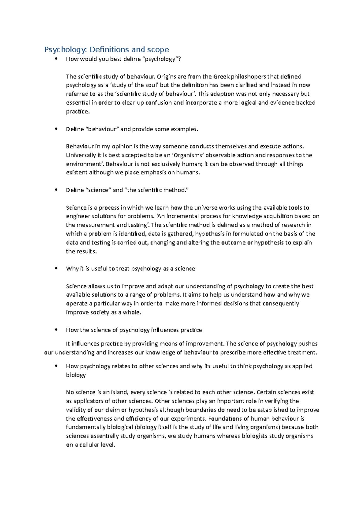 Week One- Focus questions - Psychology: Definitions and scope How would ...
