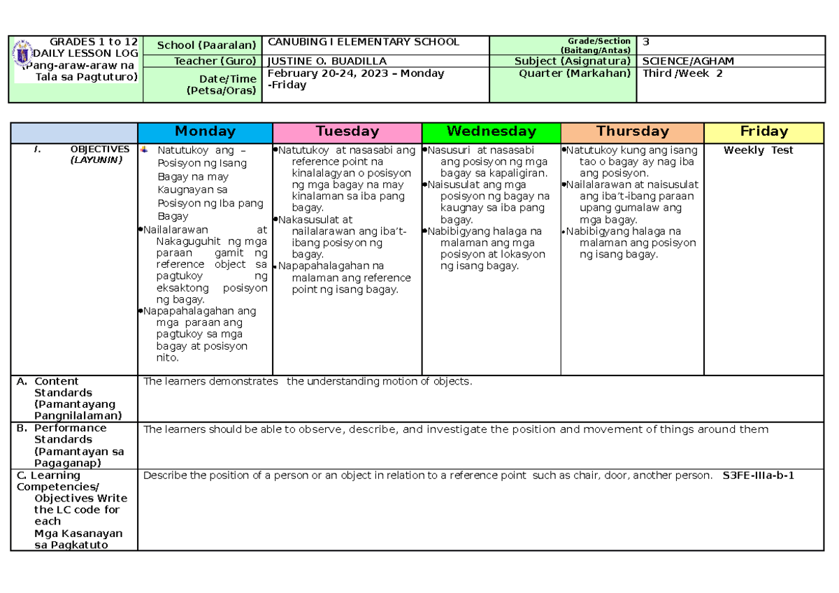 Q3 W2 - DLL - GRADES 1 to 12 DAILY LESSON LOG (Pang-araw-araw na Tala ...
