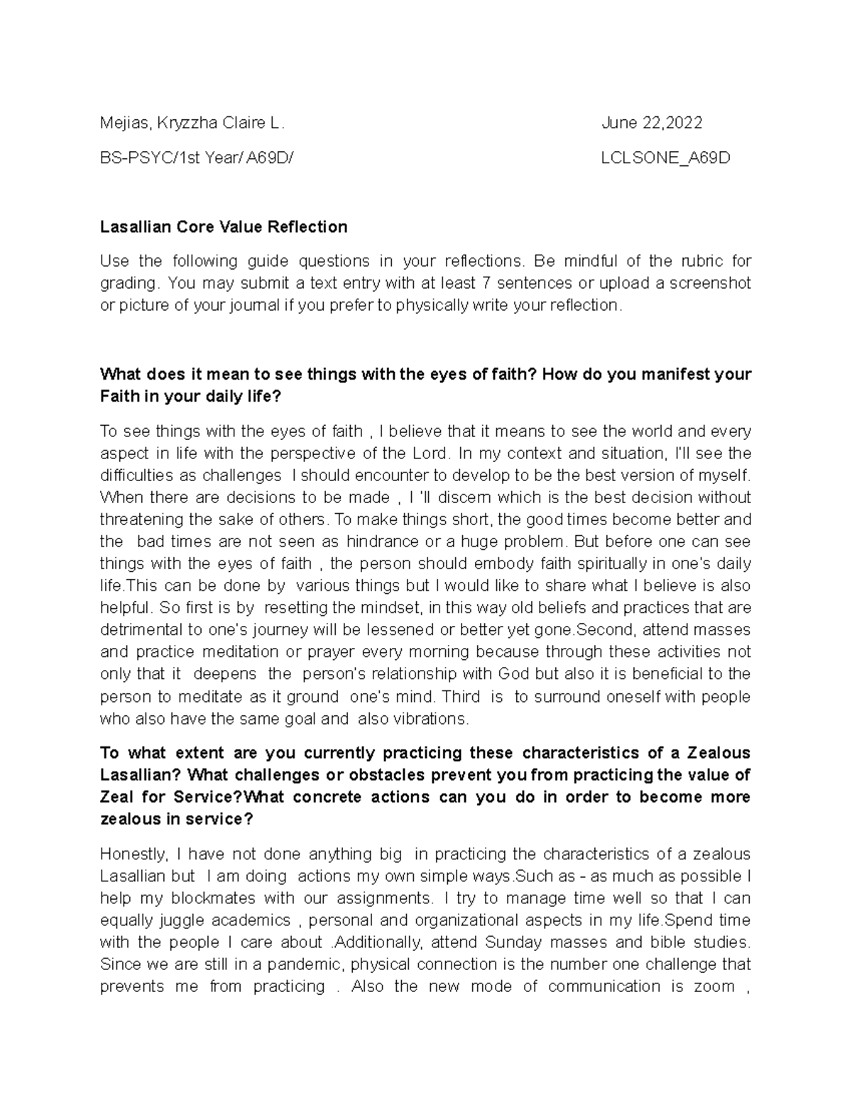 Lasallian Core Value Reflection Mejias, Kryzzha Claire L. June 22, BSPSYC/1st Year/ A69D