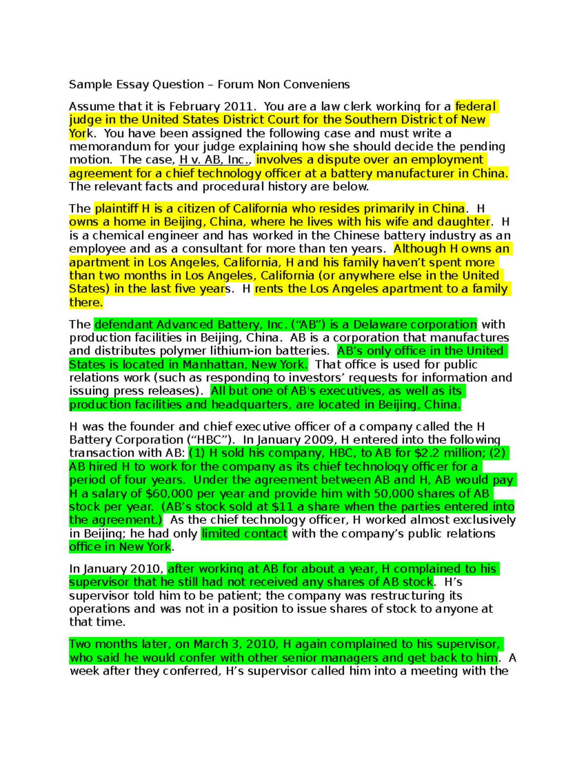 Civ Pro Writing 3 notes Sample Essay Question Forum Non