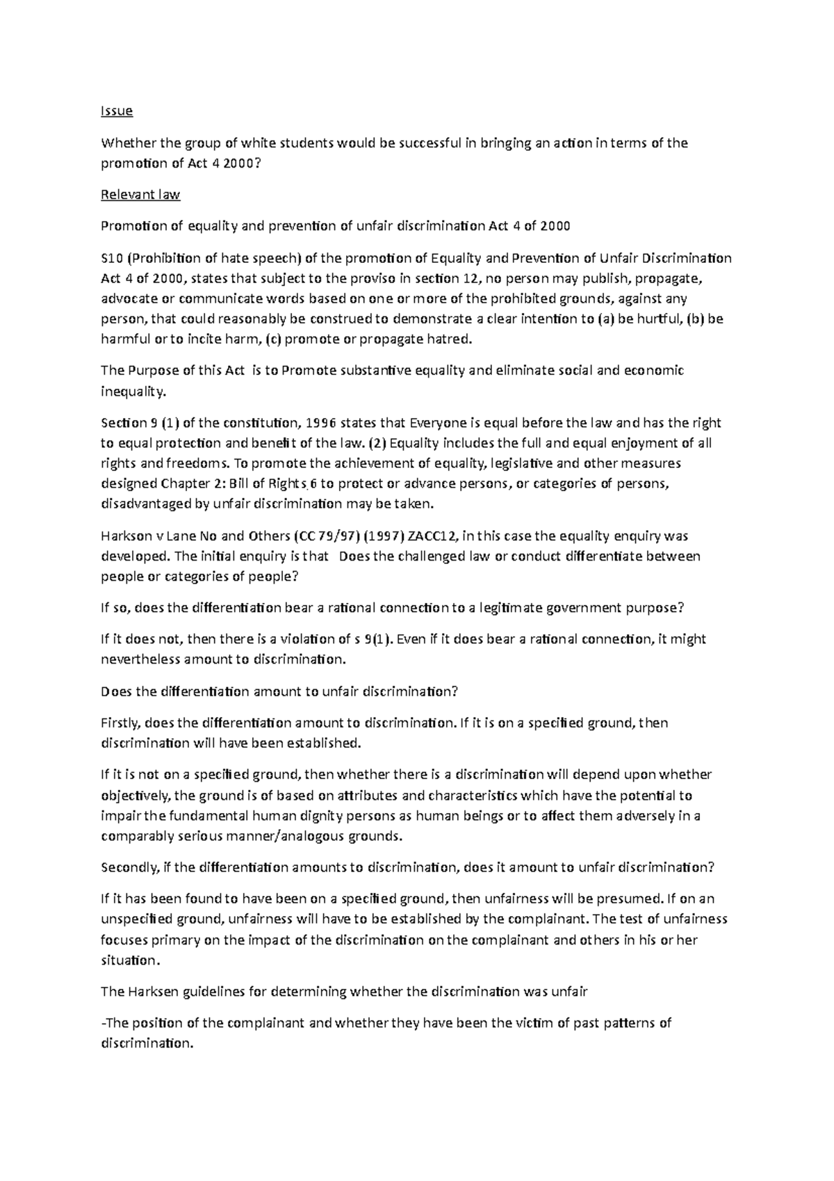 Hr2 - Human rights Assignment one - Issue Whether the group of white ...