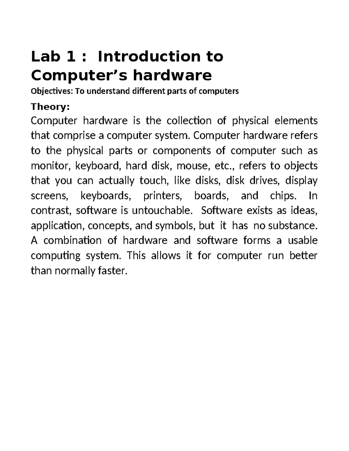 Lab Manual - this is lab sheet of basic computer hardware - Lab 1 ...