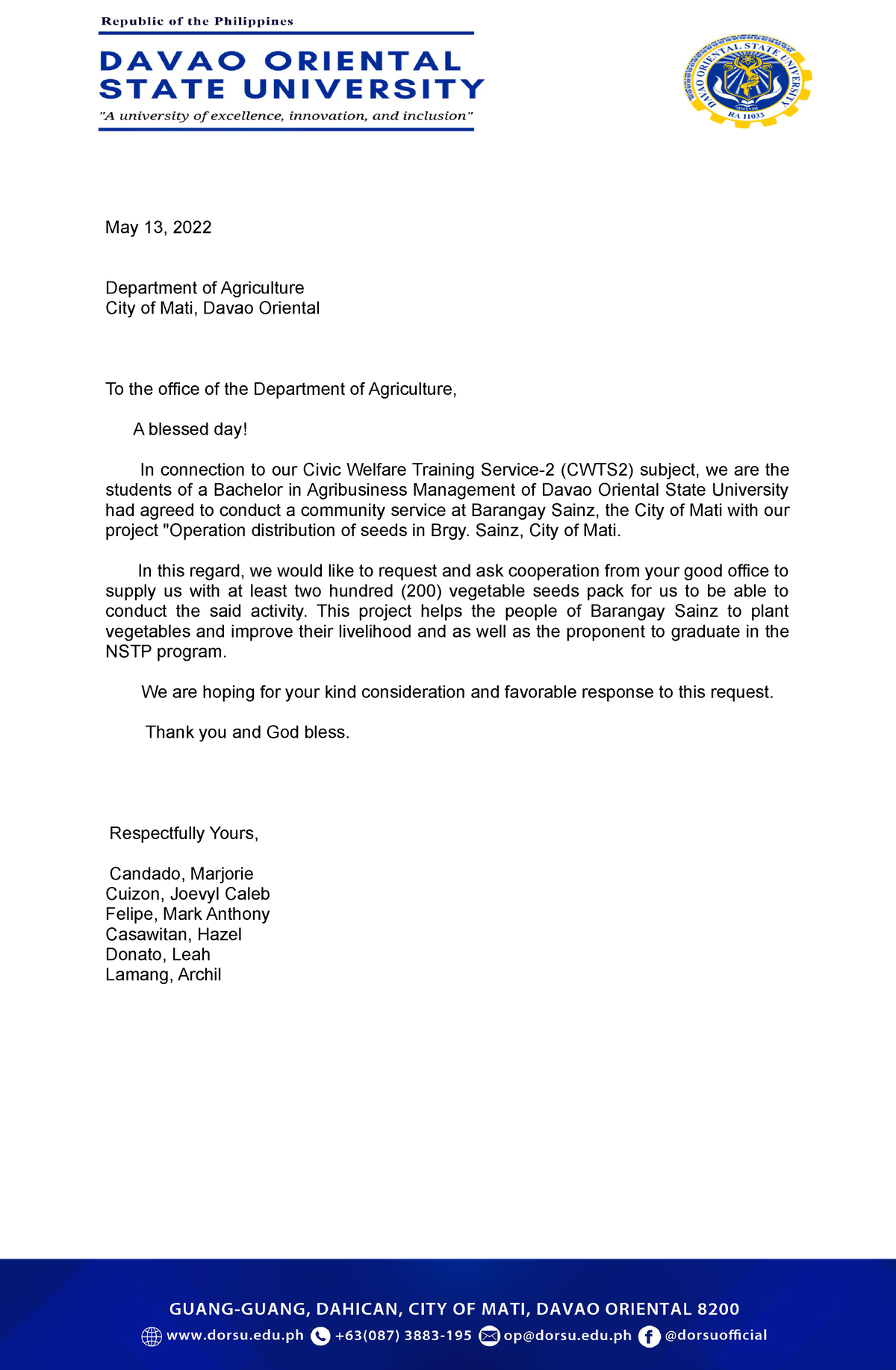 Request To DA Letter NSTP Project Proposal May 13 2022 Department Of 