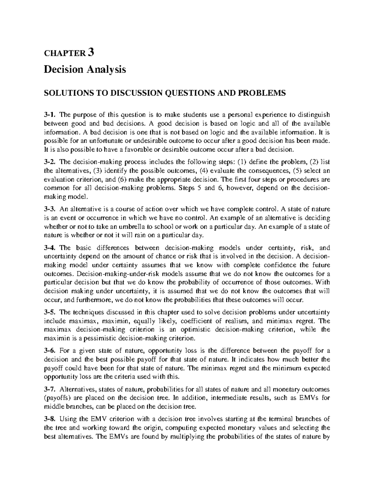 Solution Manual - Chapter 3 - CHAPTER 3 Decision Analysis SOLUTIONS TO ...