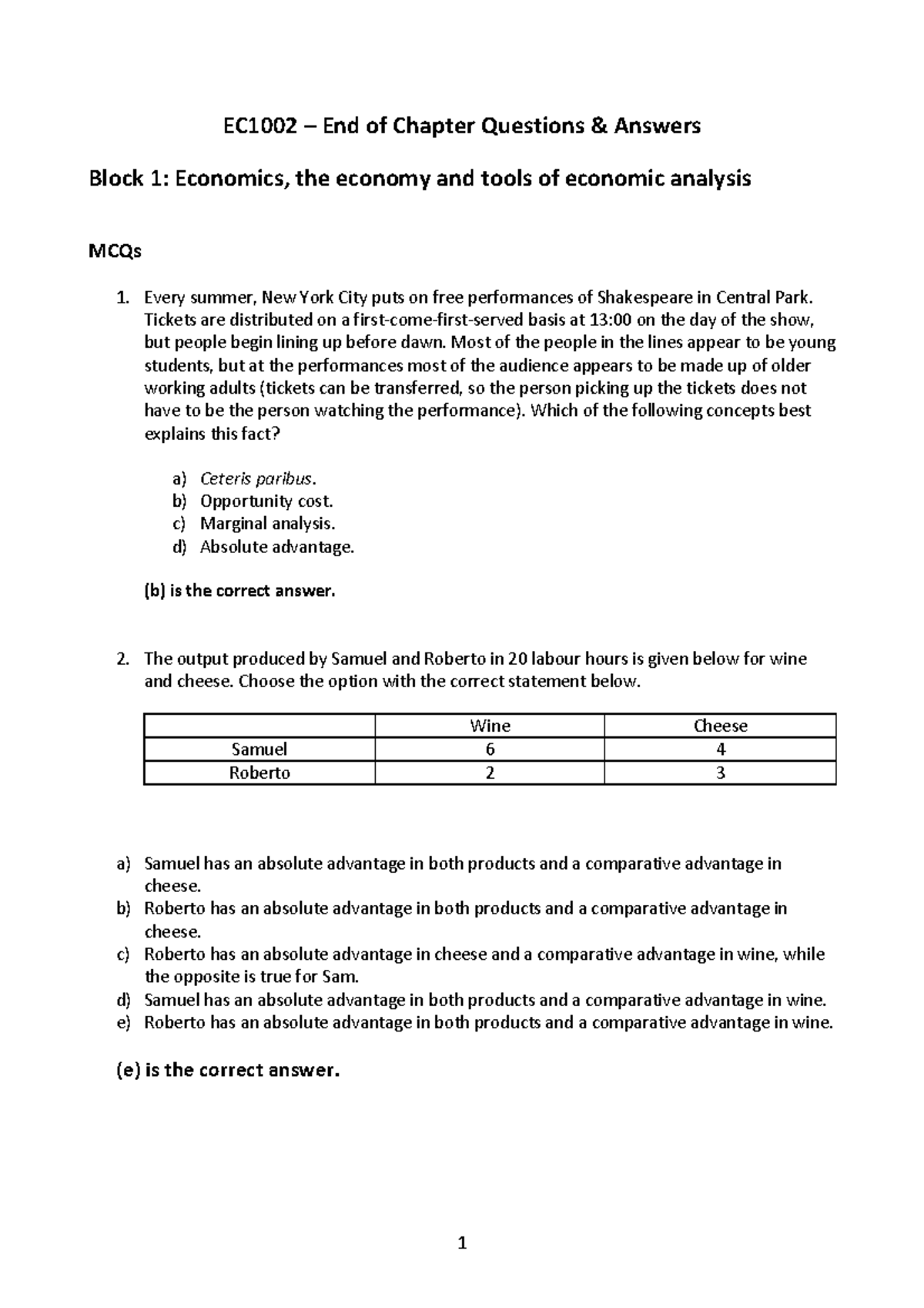 Block 1 questions - EC 1002 – End of Chapter Questions & Answers Block ...
