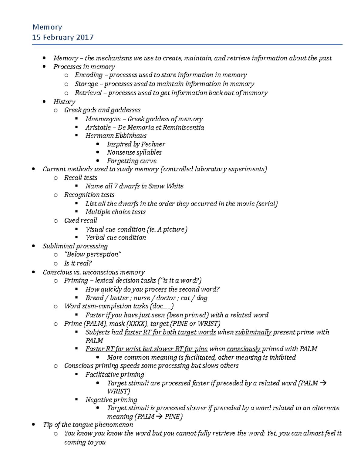 12 - Memory - Lecture notes - Memory 15 February 2017 Memory – the ...