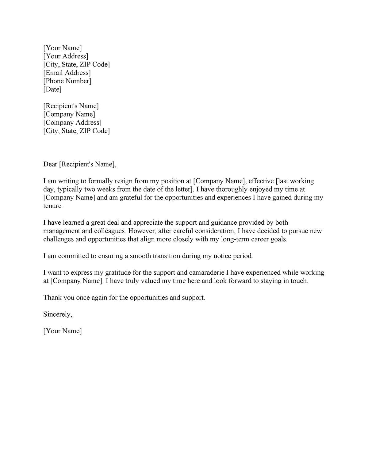 Resignation template - [Your Name] [Your Address] [City, State, ZIP ...