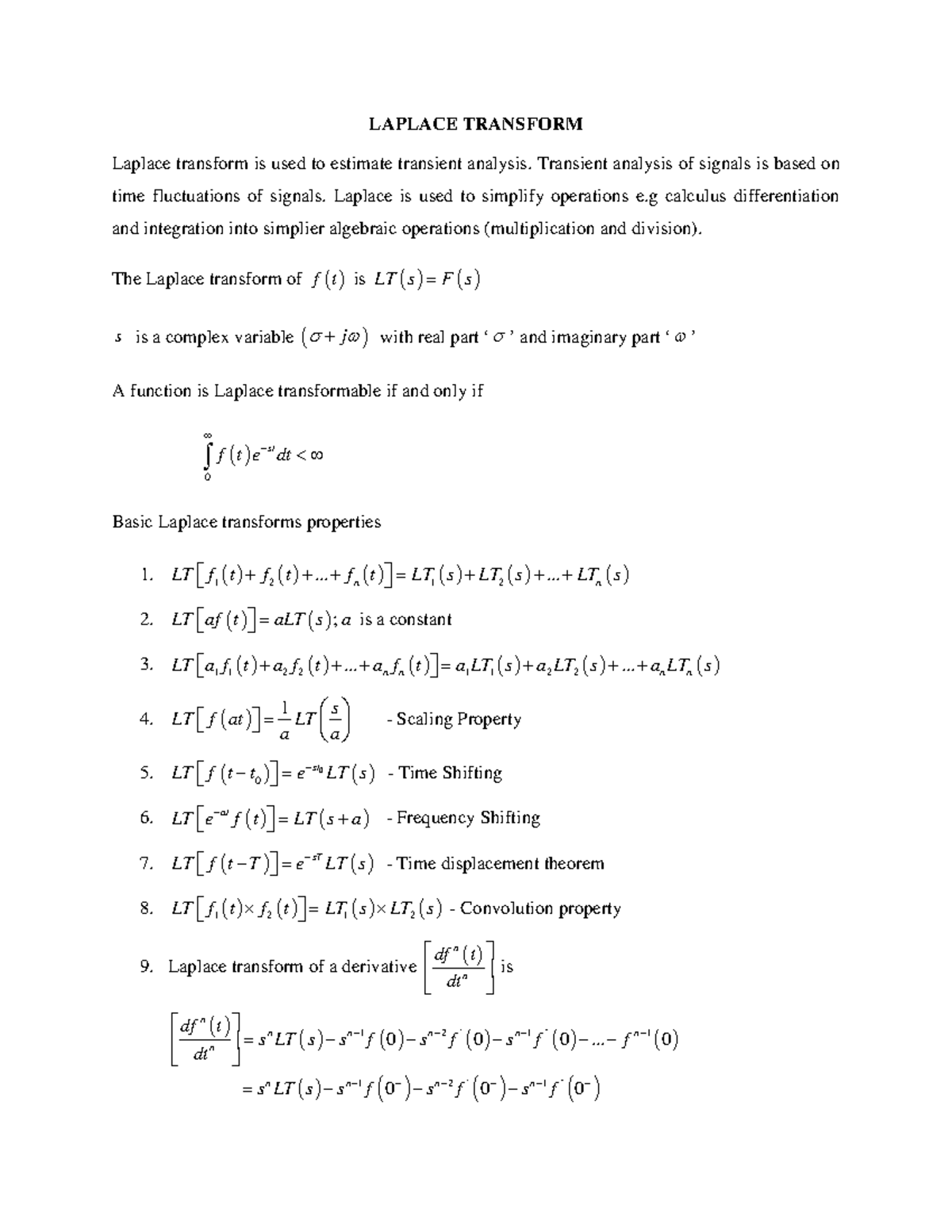 EEG 213 Laplace Transform - LAPLACE TRANSFORM Laplace transform is used ...