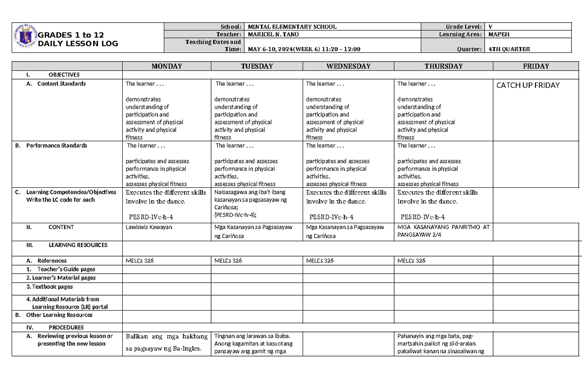 DLL Mapeh-5 Q4 W6-final - GRADES 1 to 12 DAILY LESSON LOG School ...