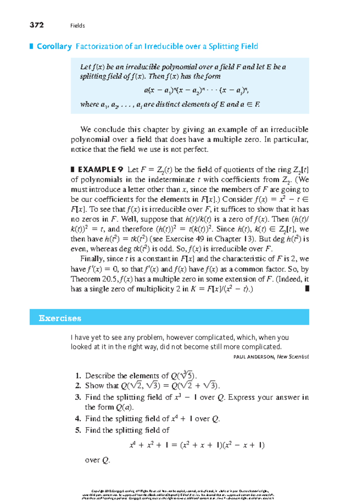 Exercises Extension Fields 372 Fields Corollary Factorization of an