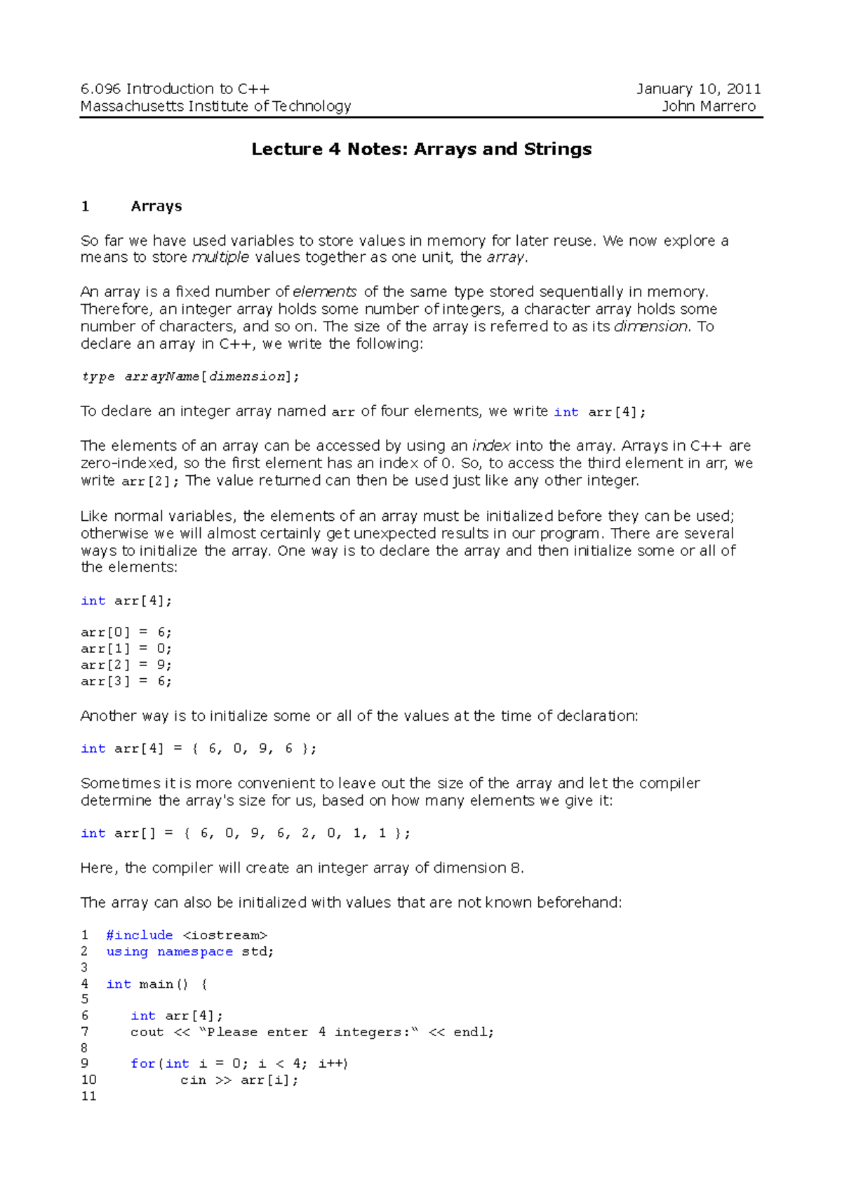04 Array and String - 6 Introduction to C++ January 10, 2011 ...