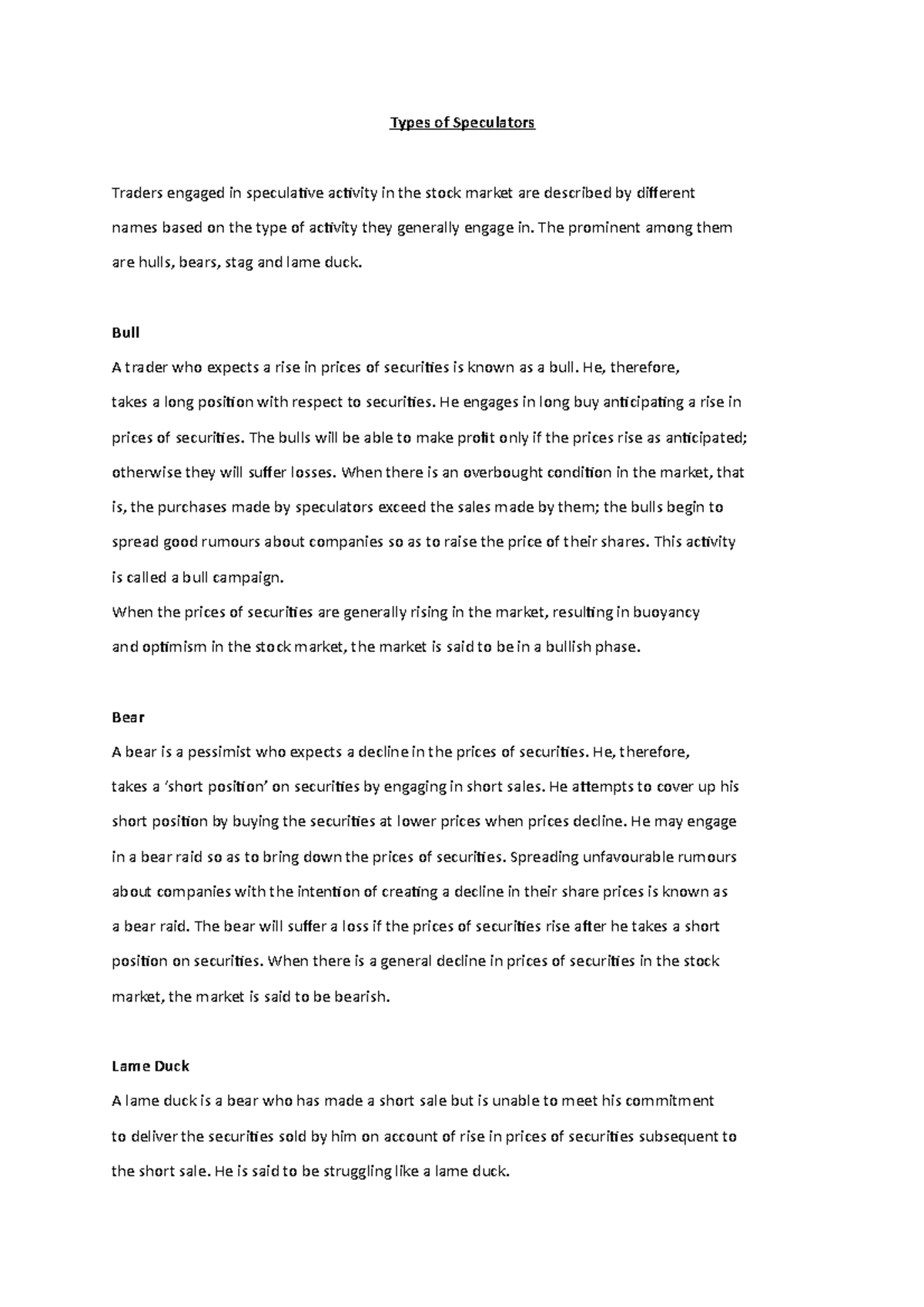 Ipm 9 Shortest summary note Types of Speculators Traders engaged in
