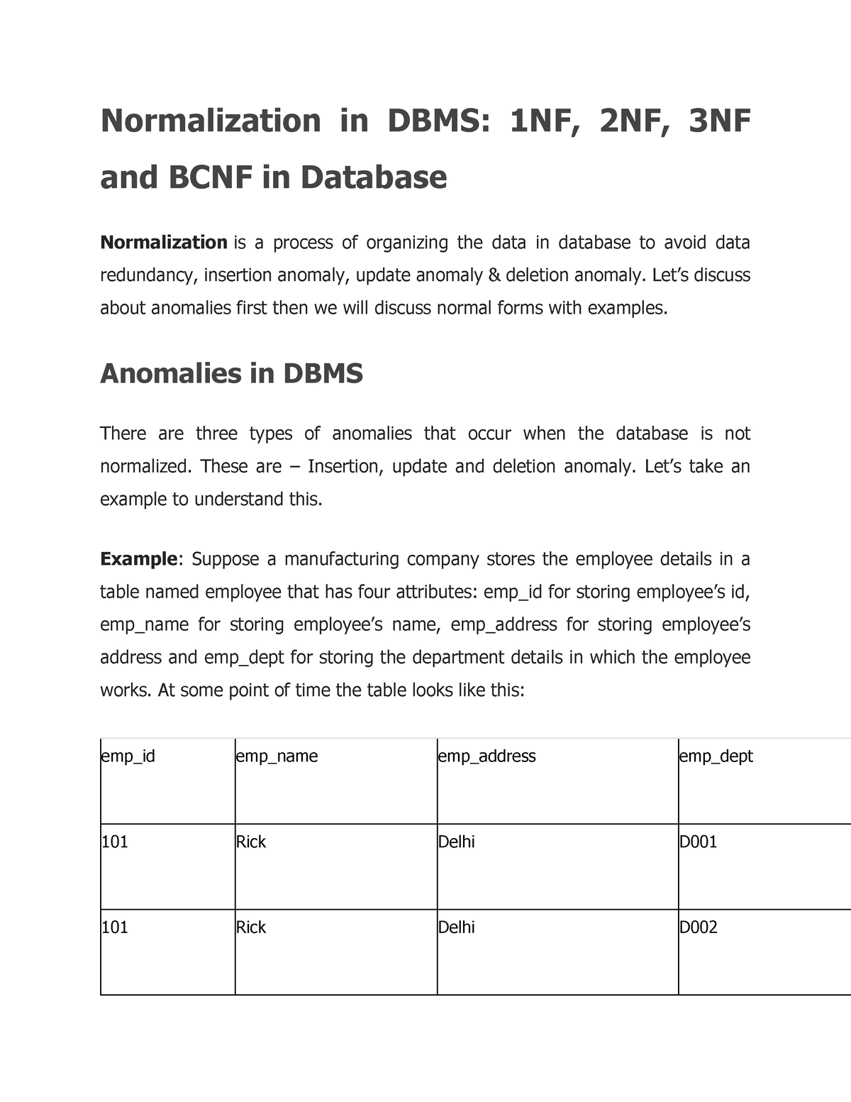 Class Note 6 And Seven Normalization In DBMS - Normalization In DBMS ...