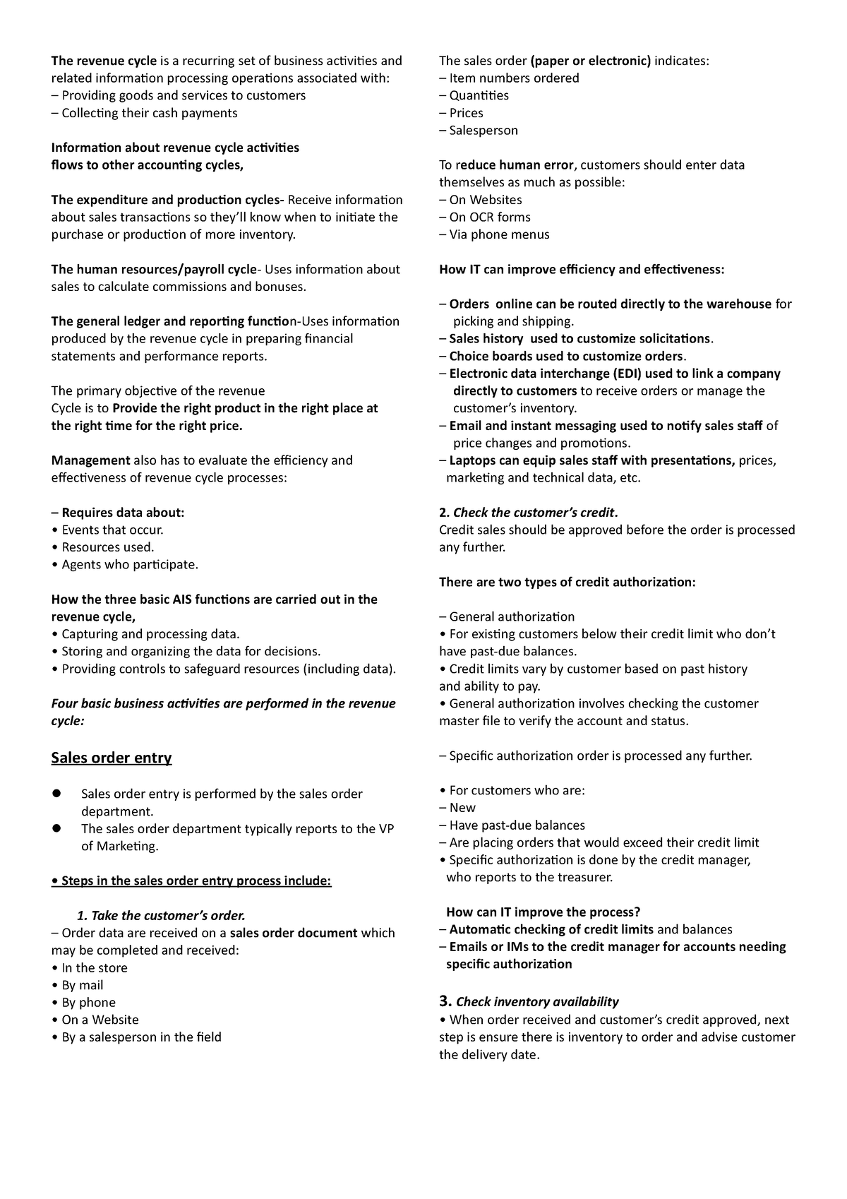 M2 Infot - notes - The revenue cycle is a recurring set of business ...