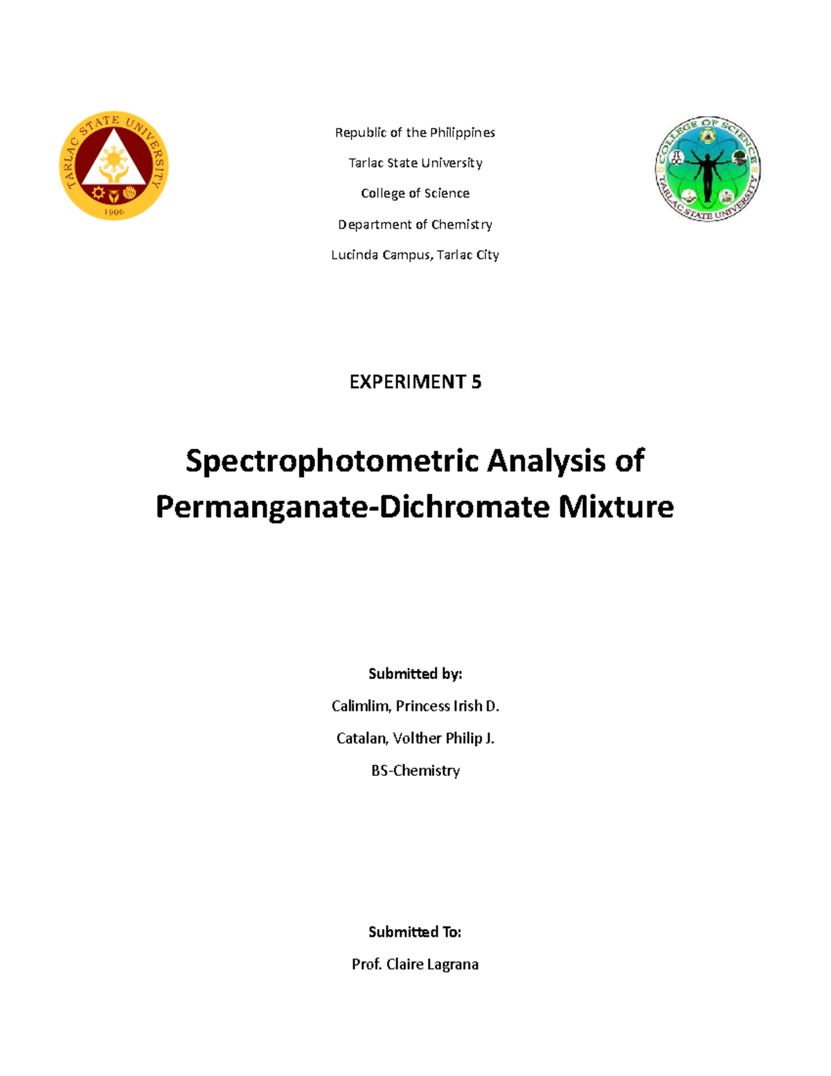 Experiment 5 Journal Lab Report - Republic of the Philippines Tarlac ...
