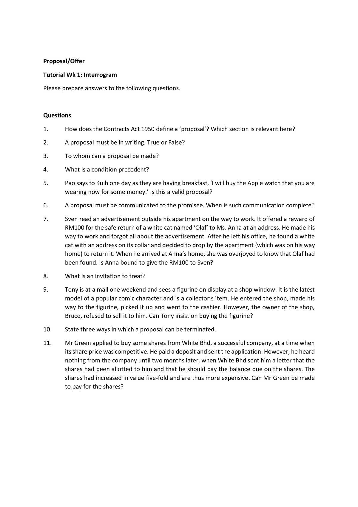 Proposal wk 1 - law - Proposal/Offer Tutorial Wk 1: Interrogram Please ...