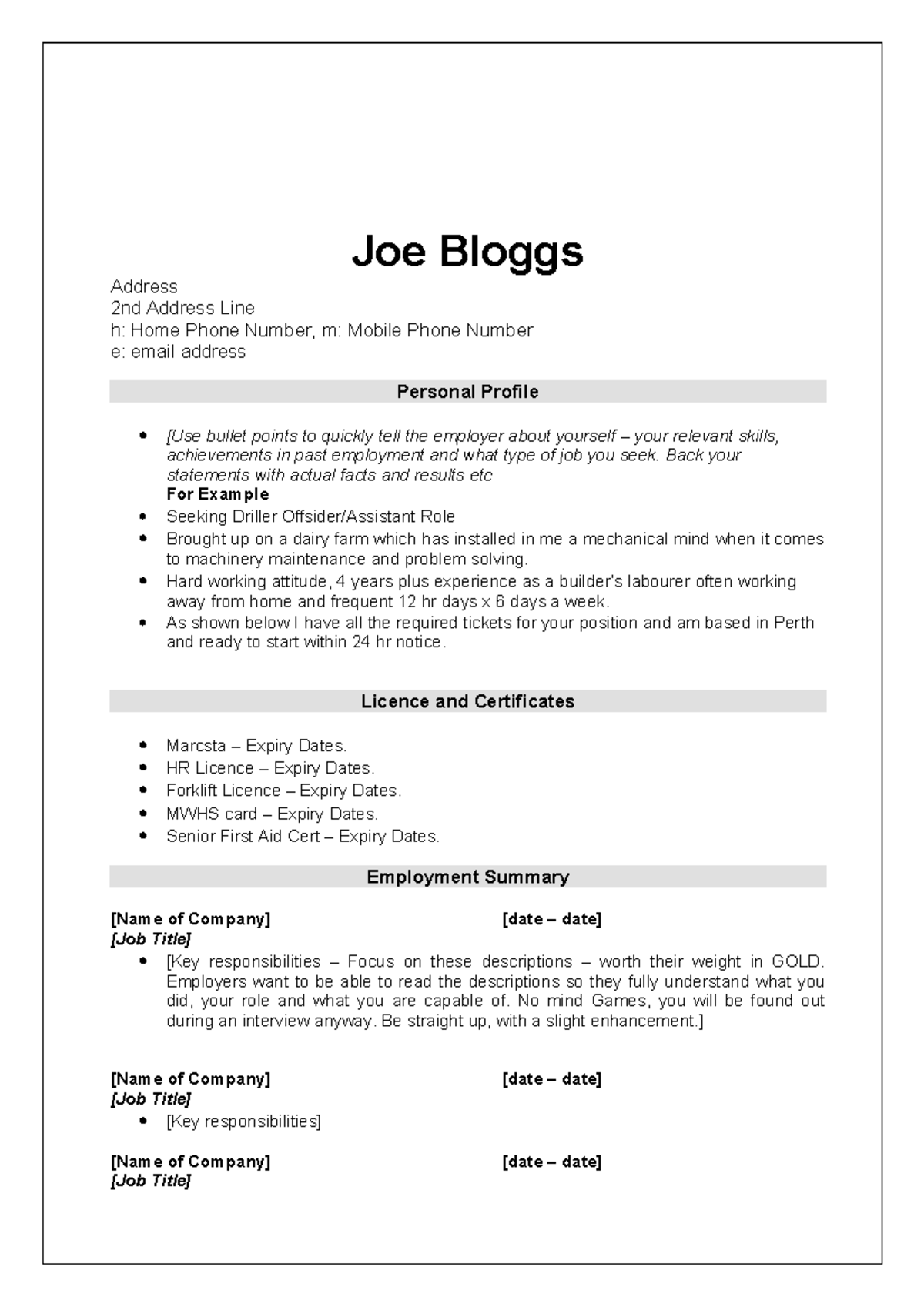 Pdfcoffee - Resume Template - Joe Bloggs Address 2nd Address Line h ...