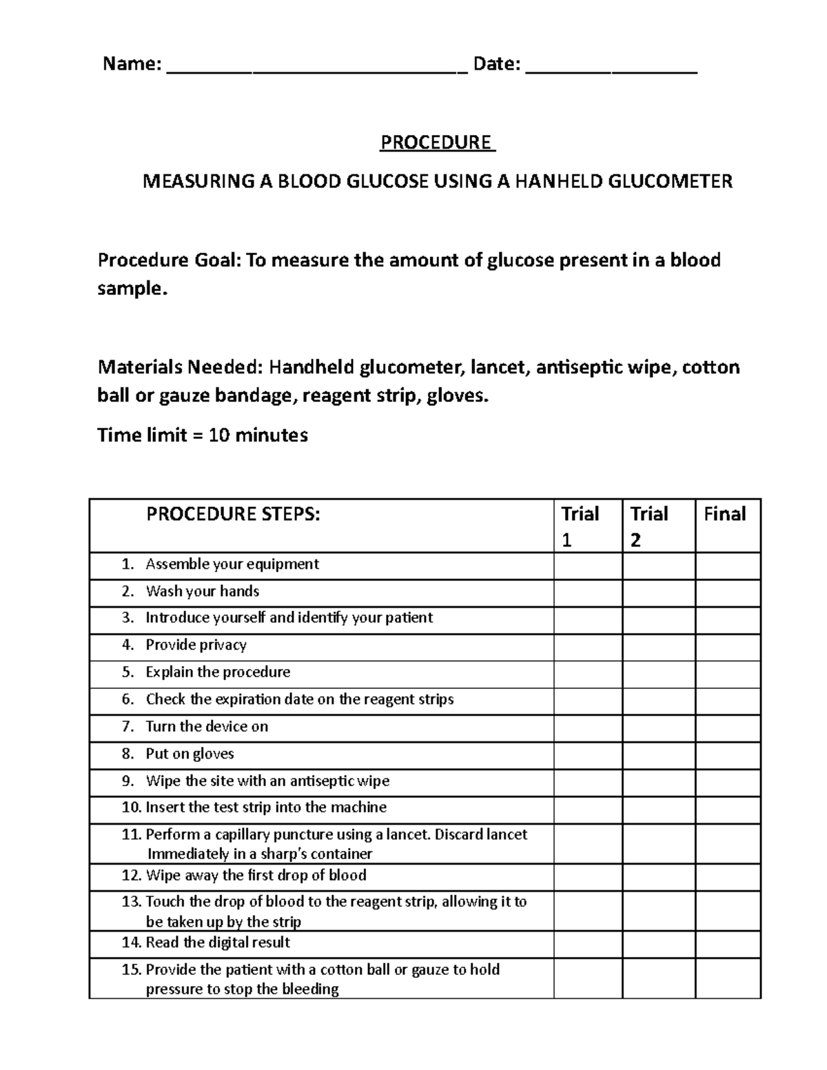 Blood sugar competency Name ____________________________ Date