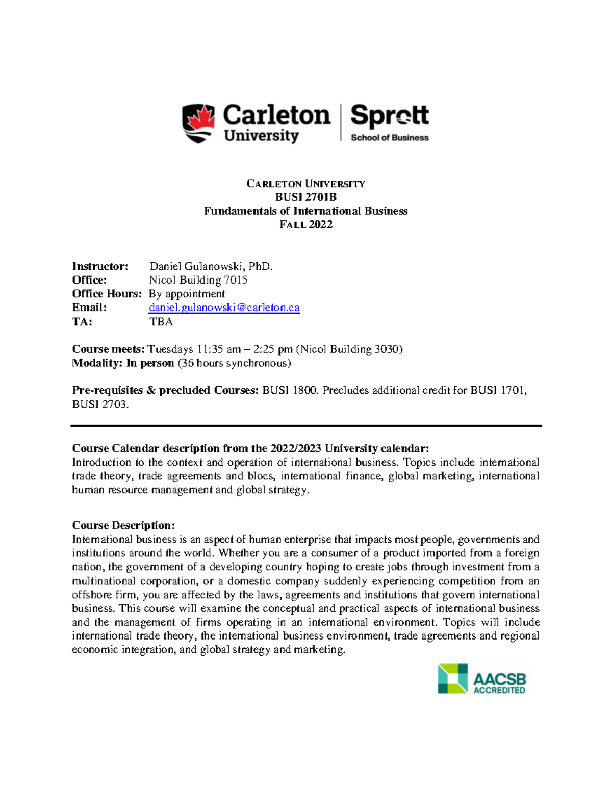 BUSI 2701 - Outline - CARLETON UNIVERSITY BUSI 2701 B Fundamentals of ...