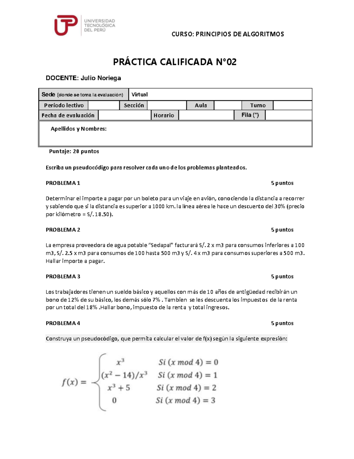 Pa Pc Principios De Algoritmos Curso Principios De Algoritmos Prctica Calificada N