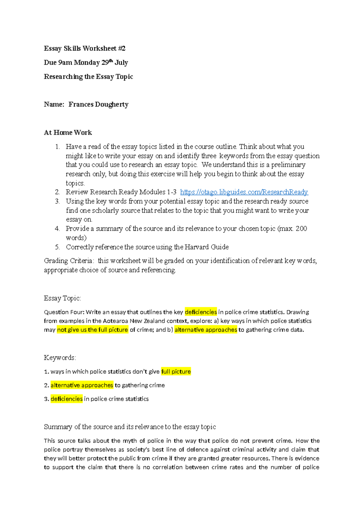 At Home Worksheet #2 - Essay Skills Worksheet Due 9am Monday 29th July ...