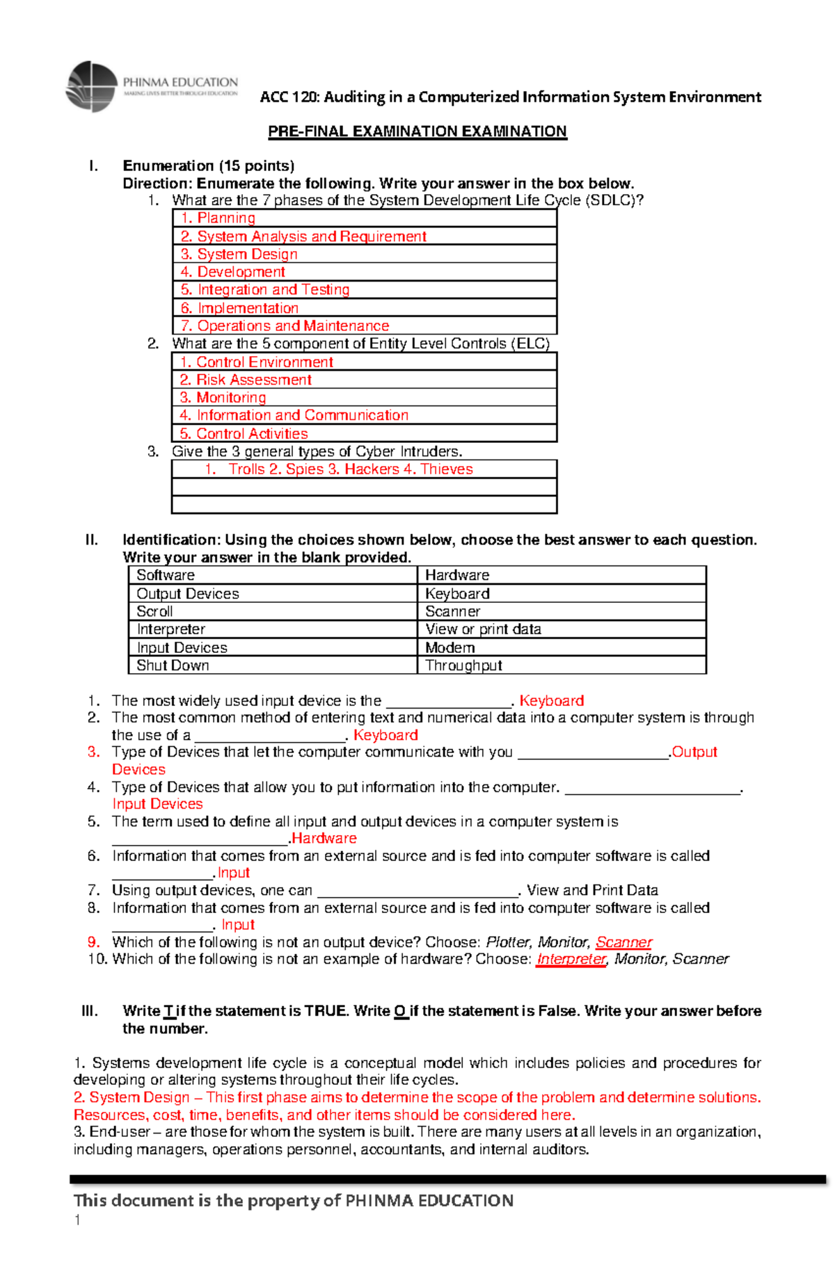 PRE Final Examination ACC 120 TG - ACC 120: Auditing In A Computerized ...