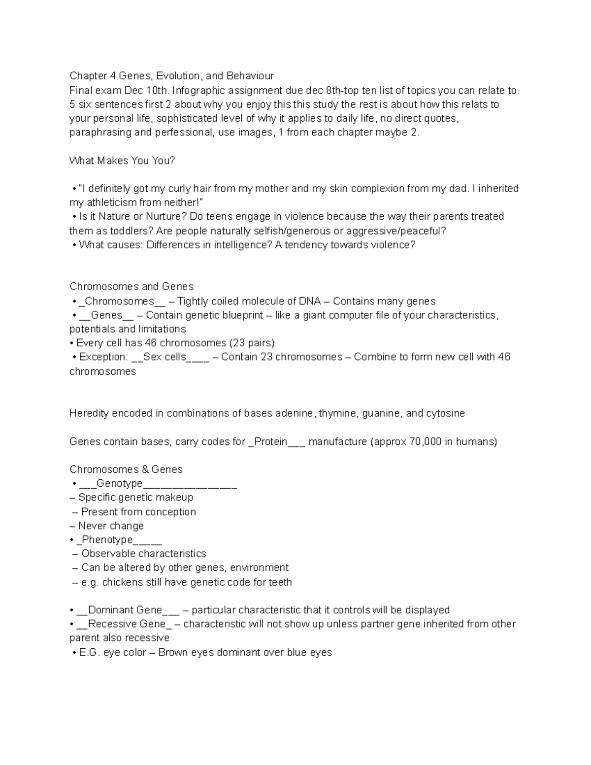 Psych 1010 a-Chpt 4 genes, evolution, and behavior - Chapter 4 Genes ...