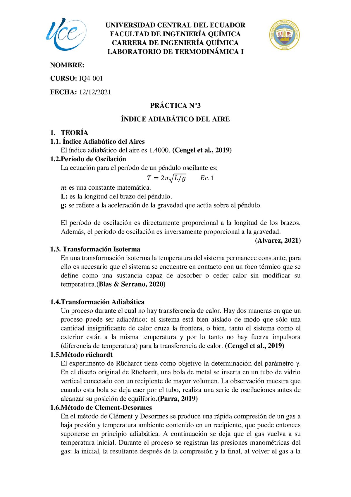 Teoría P3 Índice AdiabÁtico Del Aire Universidad Central Del