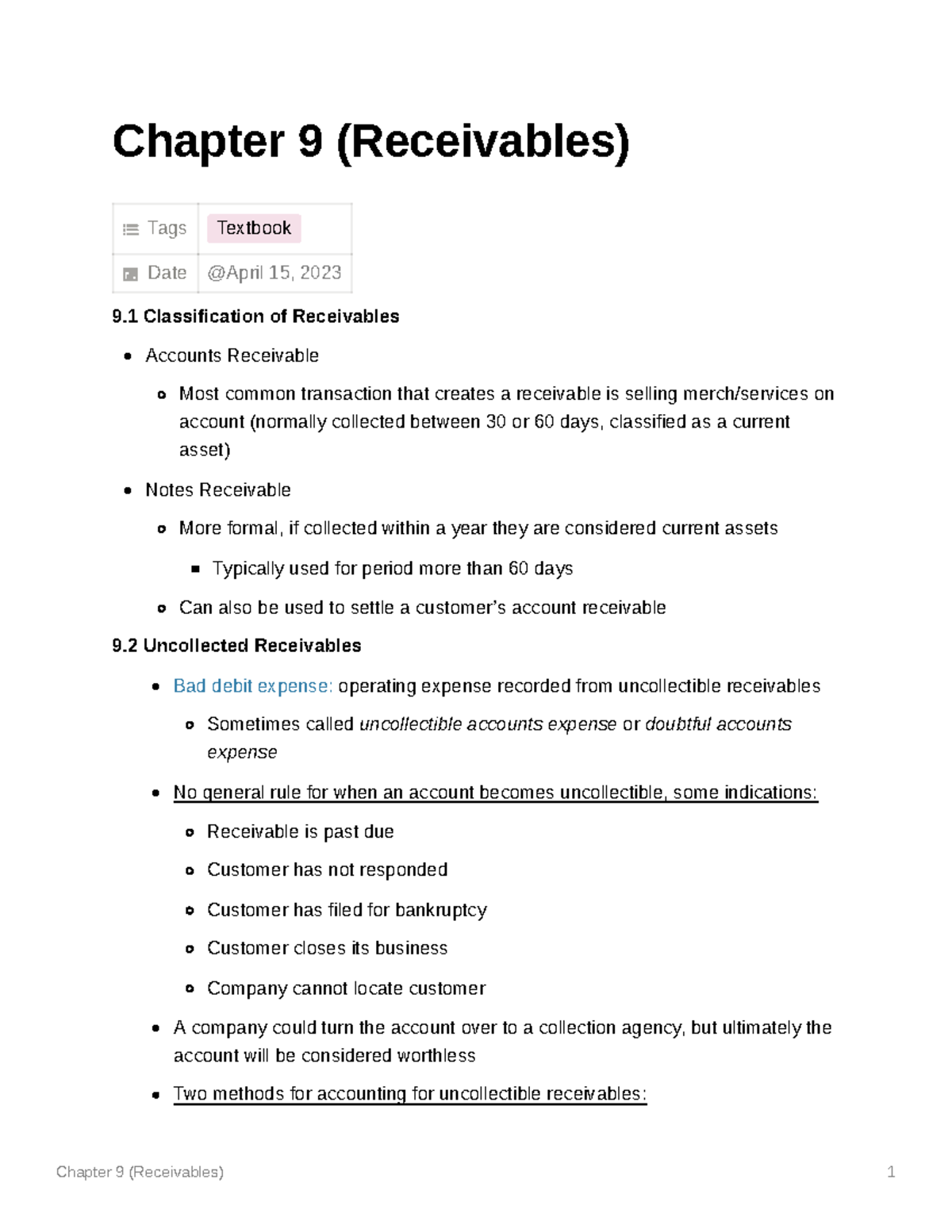 Receivables Summary Chapter 9 (Receivables) Tags Textbook Date 9